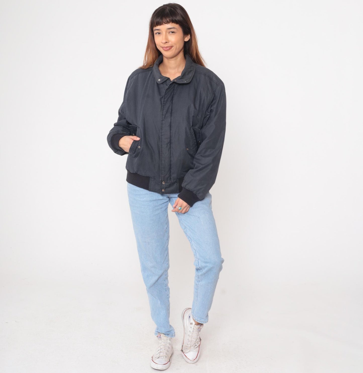 80s Members Only Bomber Jacket Black Raglan Snap Front Large