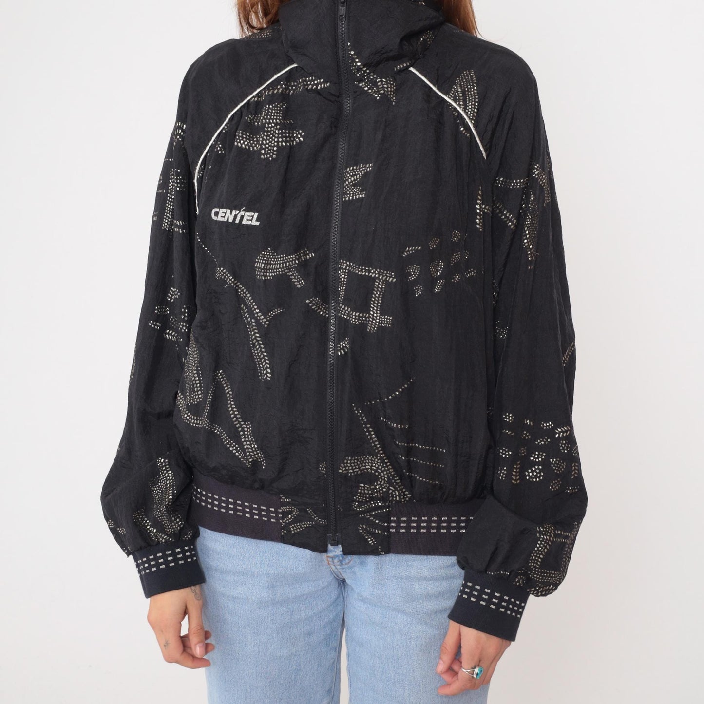 90s Lily's of Beverly Hills Black Glitter Nylon Track Jacket Extra Large XL