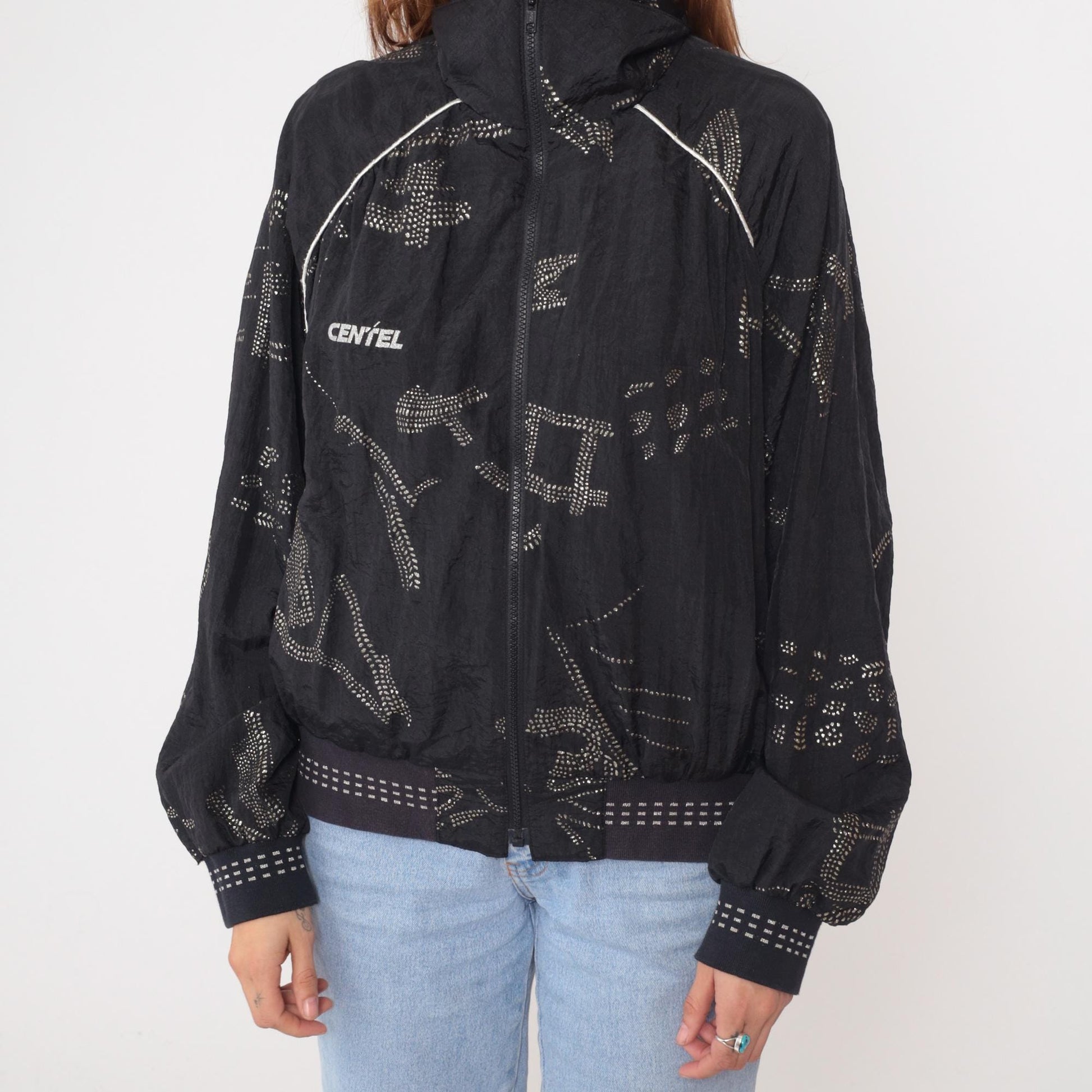 90s Lily's of Beverly Hills Black Glitter Nylon Track Jacket Extra Large XL
