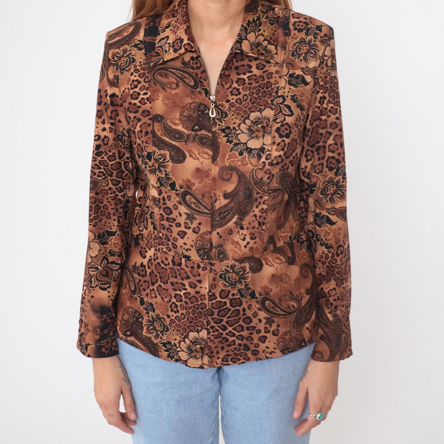 Y2K Brown Leopard Paisley Floral Zip Jacket Small S