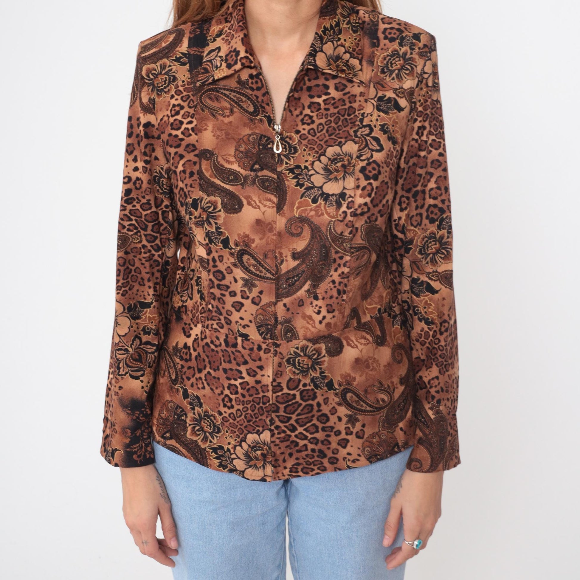 Y2K Brown Leopard Paisley Floral Zip Jacket Small S