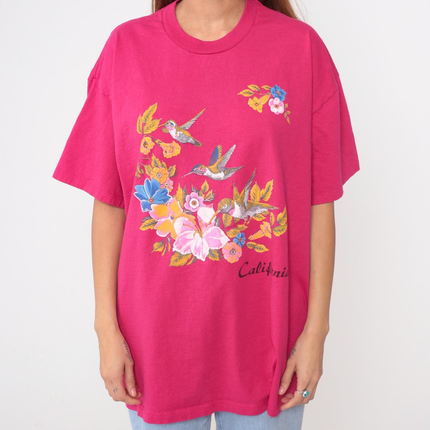 90s Jerzees Hummingbird California Graphic T-Shirt Pink Extra Large XXL