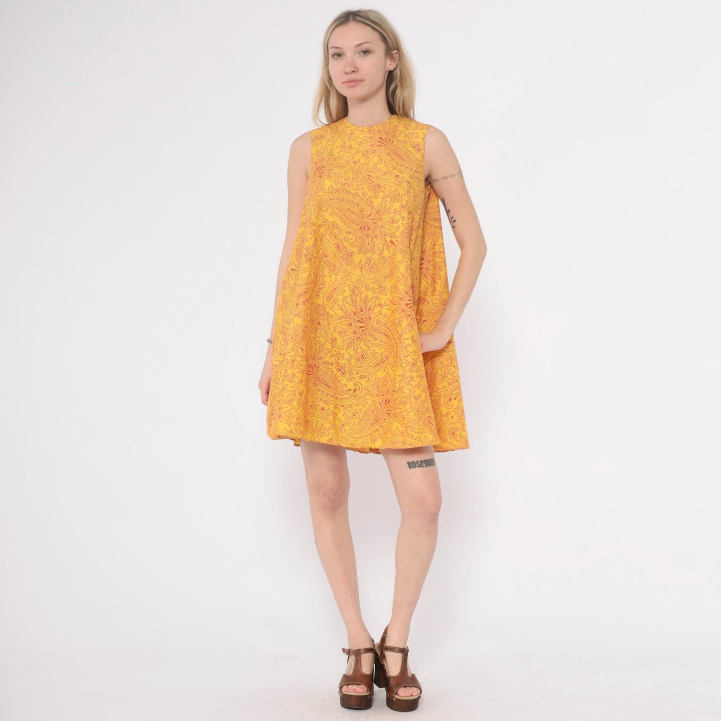 60s Gay Gibson Paisley Shift Dress Yellow Red Sleeveless XS