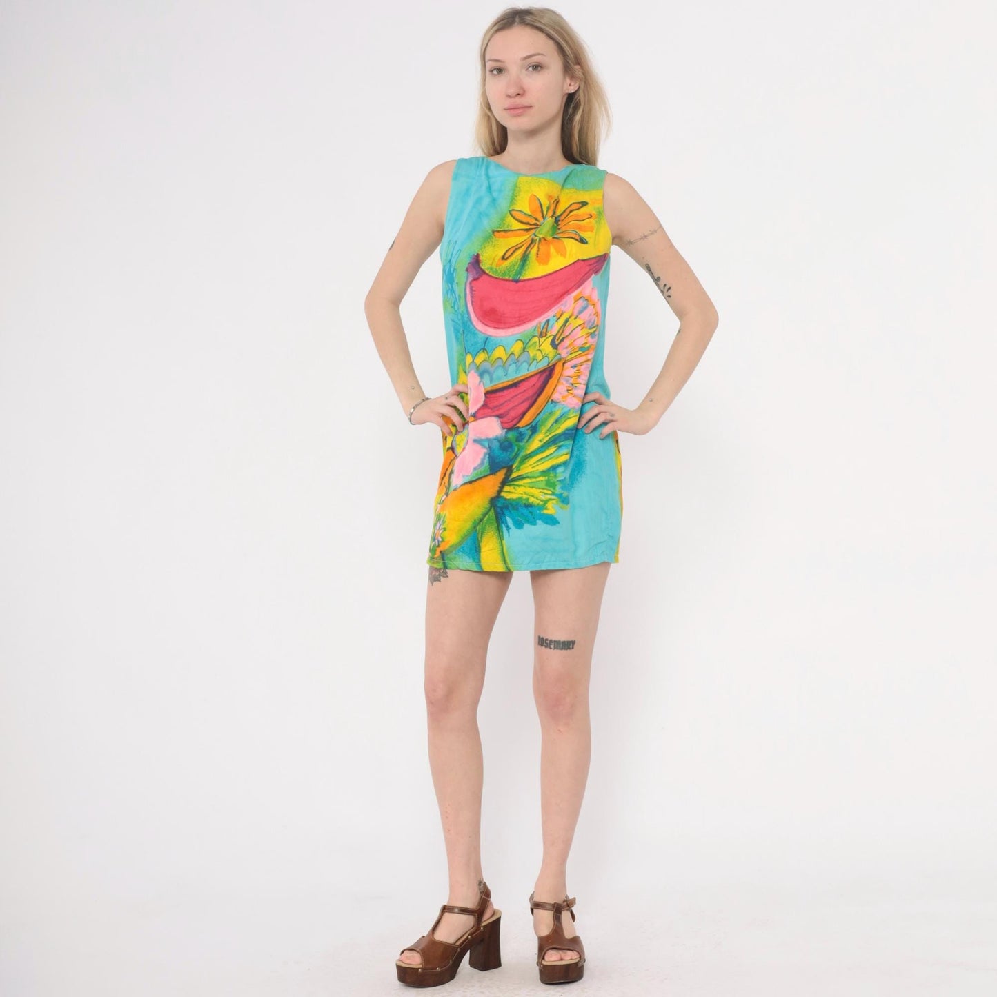 60s Psychedelic Floral Mini Dress Shift Sleeveless Cotton Turquoise Small