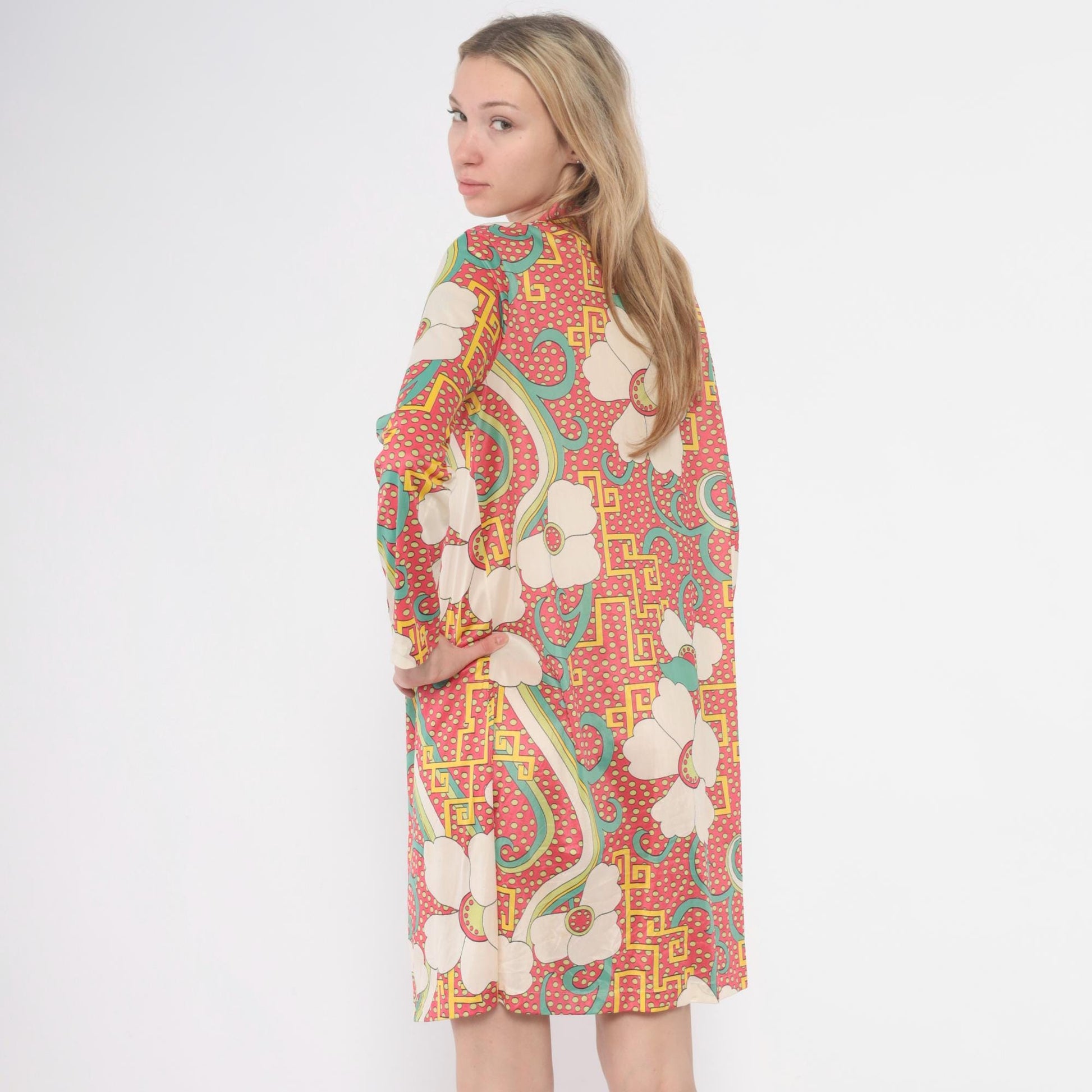 70s Psychedelic Floral Tunic Dress Pink Cream Mint Knee-Length Medium M