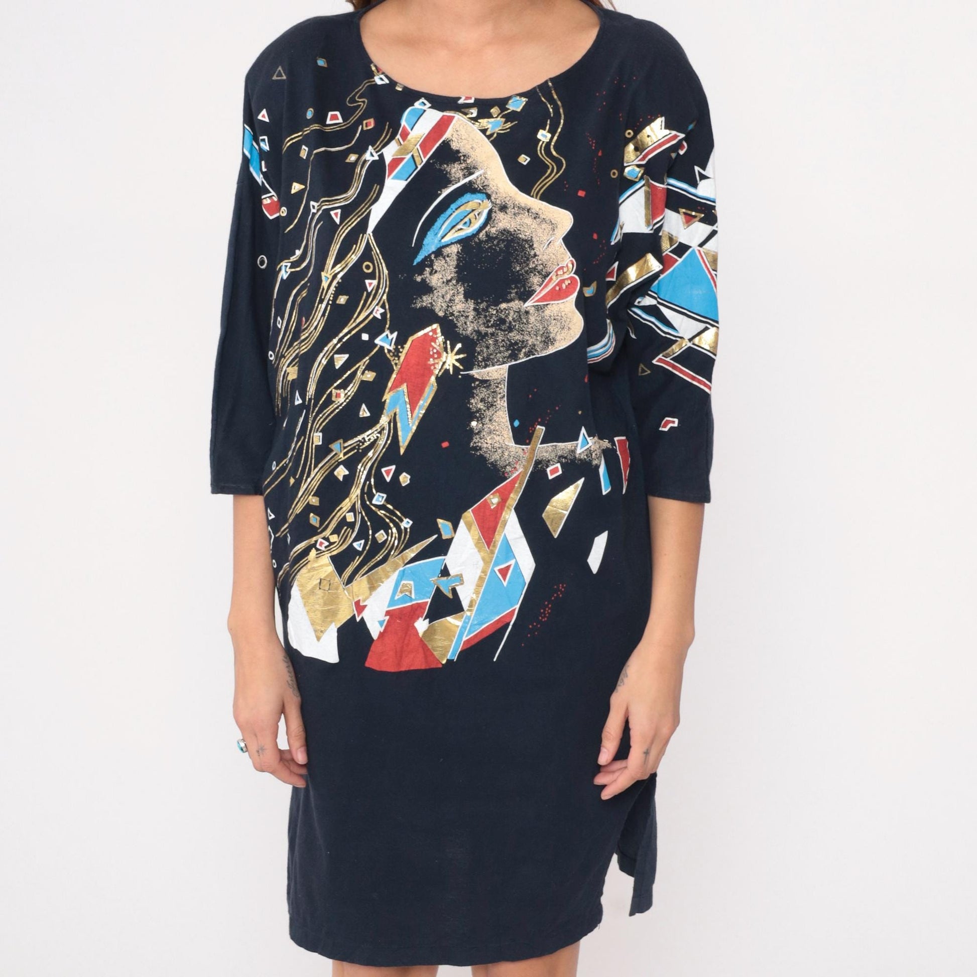 90s Abstract Face Graphic Shift Dress Black Cotton Knee-Length Medium M