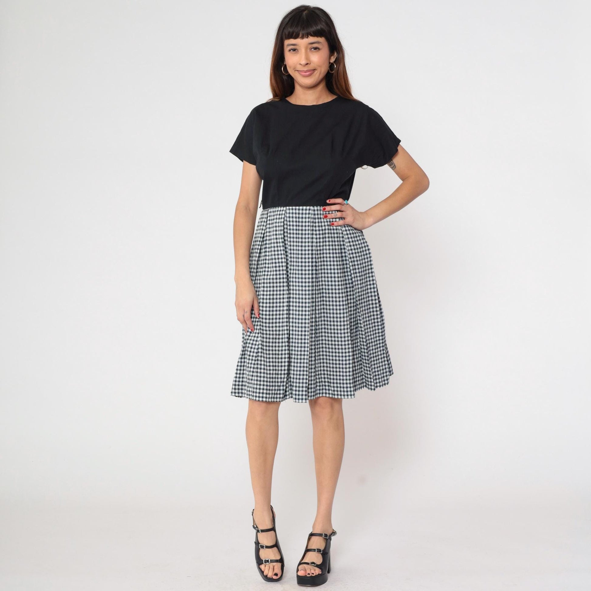 90s Black White Gingham Dress Crew Neck A-Line Knee Length Cotton Medium M