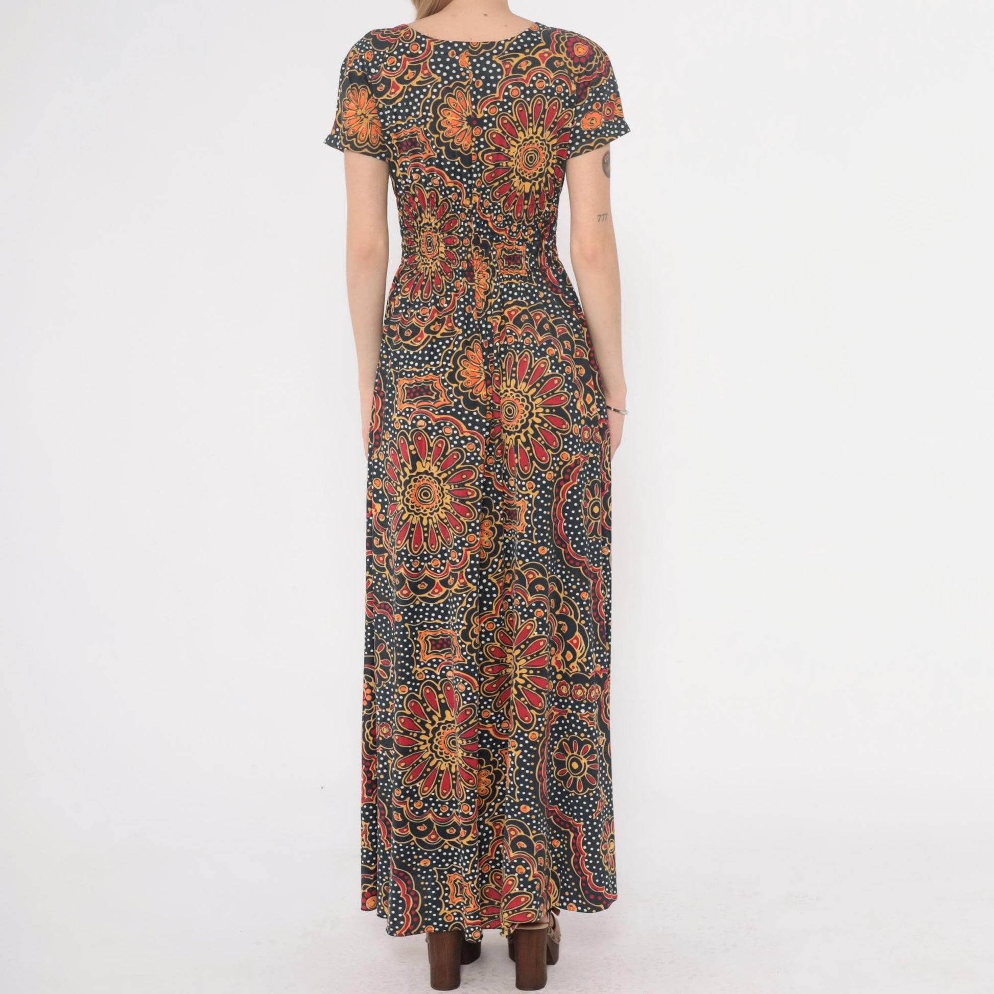 70s Psychedelic Maxi Dress Paisley Floral Navy Orange Red Yellow Small