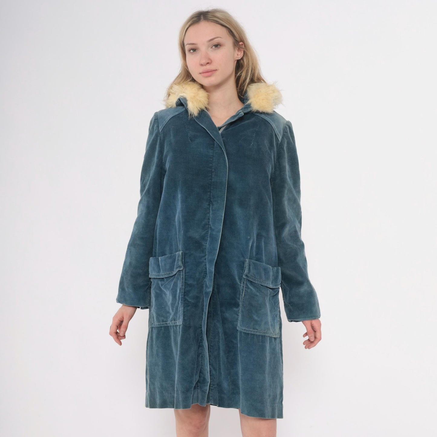 70s Blue Corduroy Jacket Cream Fur Collar Shearling Lined Knee Length Small