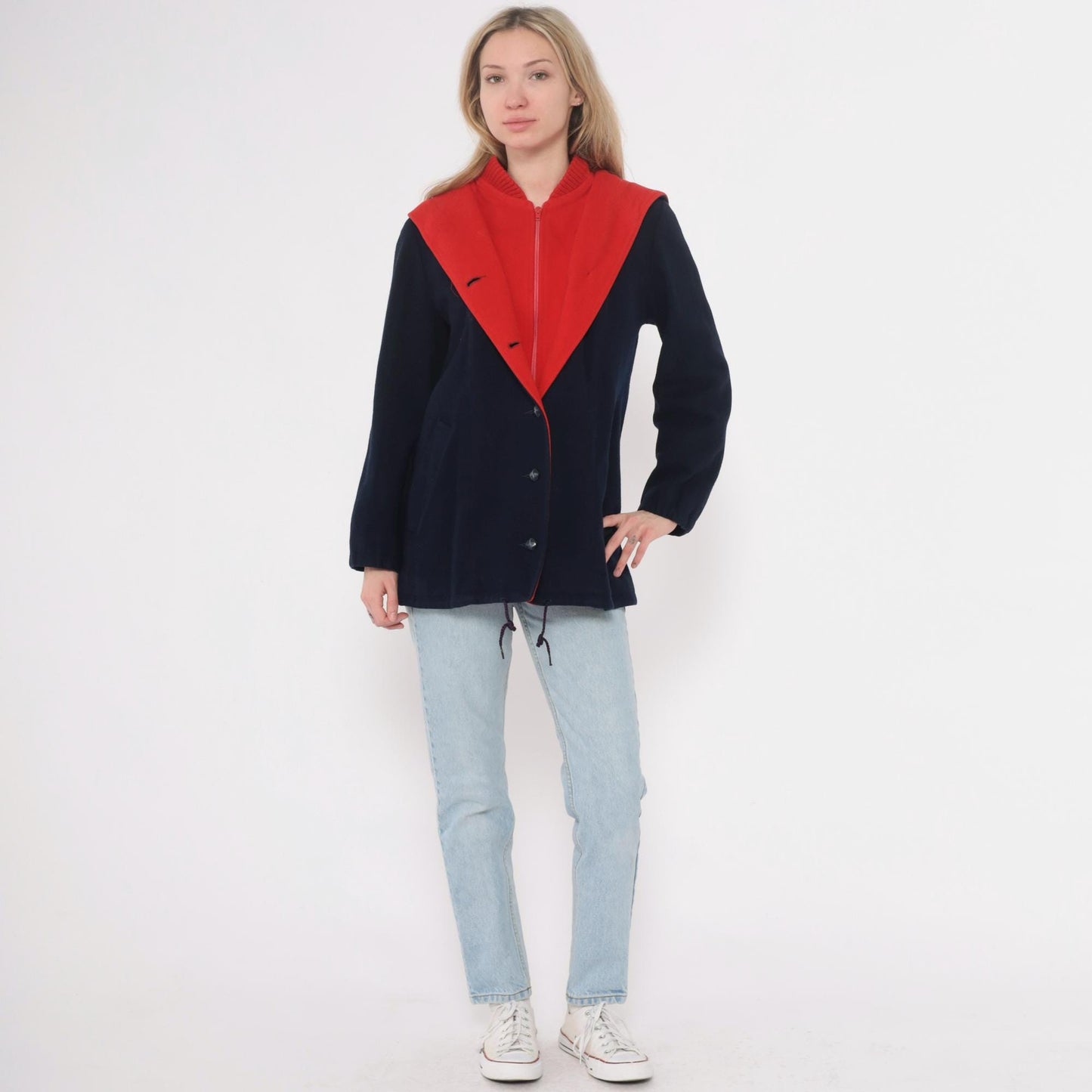 70s Mackintosh Wool Hooded Toggle Coat Navy Red Colour Block Medium