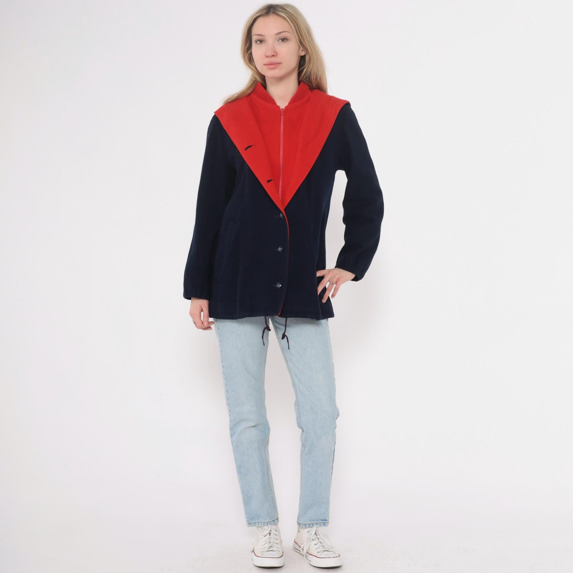 70s Mackintosh Wool Hooded Toggle Coat Navy Red Colour Block Medium