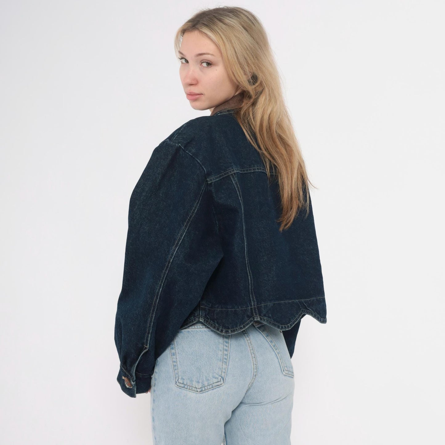 90s Coldwater Creek Cropped Denim Jacket Scalloped Hem Dark Wash Large L