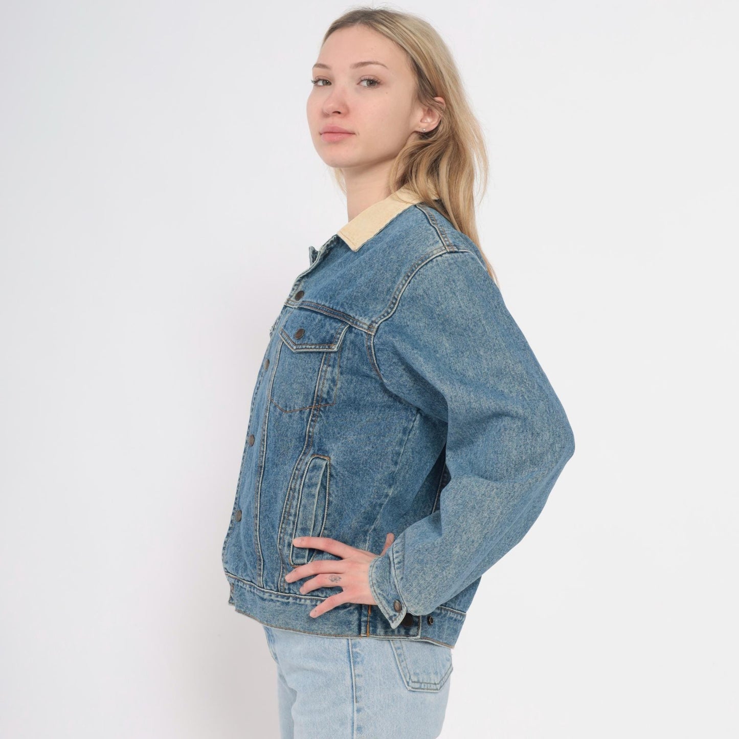 90s Denim Trucker Jacket Corduroy Collar Flannel Lined Medium Blue