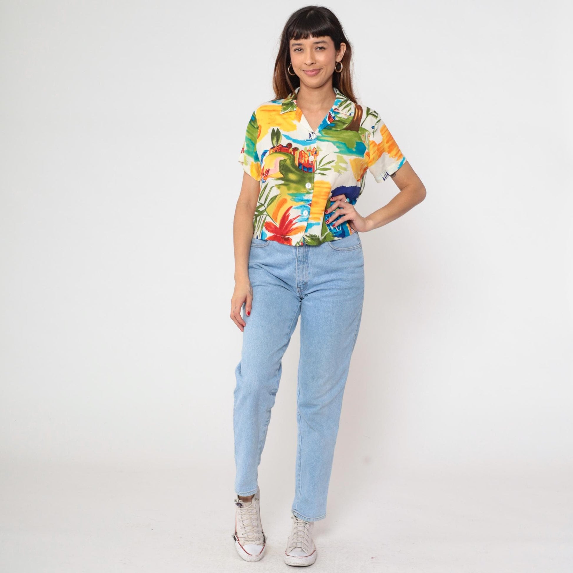 90s Tropical Print Button-Up Shirt Palm Trees Sailboats Medium