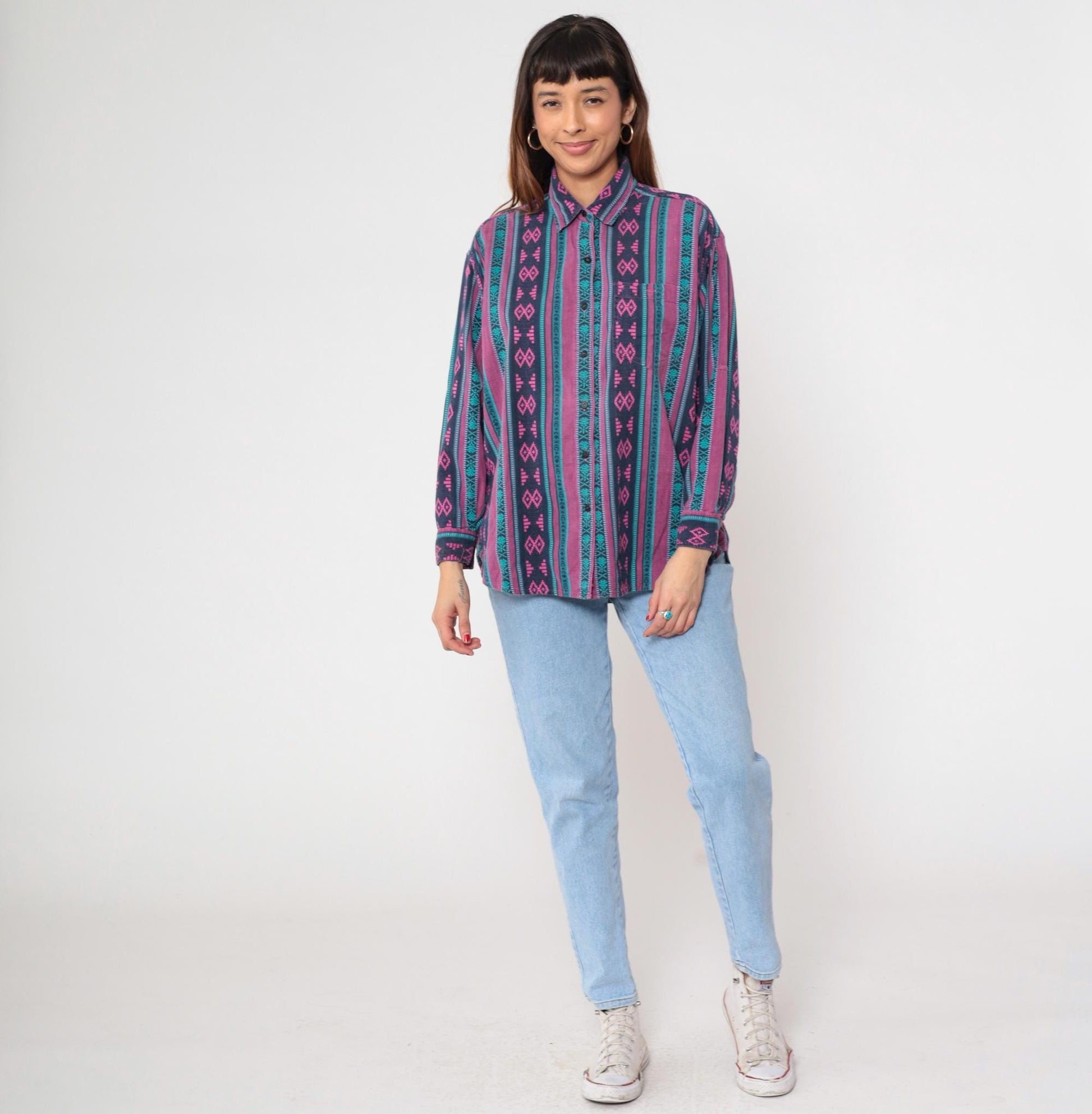90s Southwestern Tribal Geometric Button-Up Shirt Purple Magenta Teal Large L
