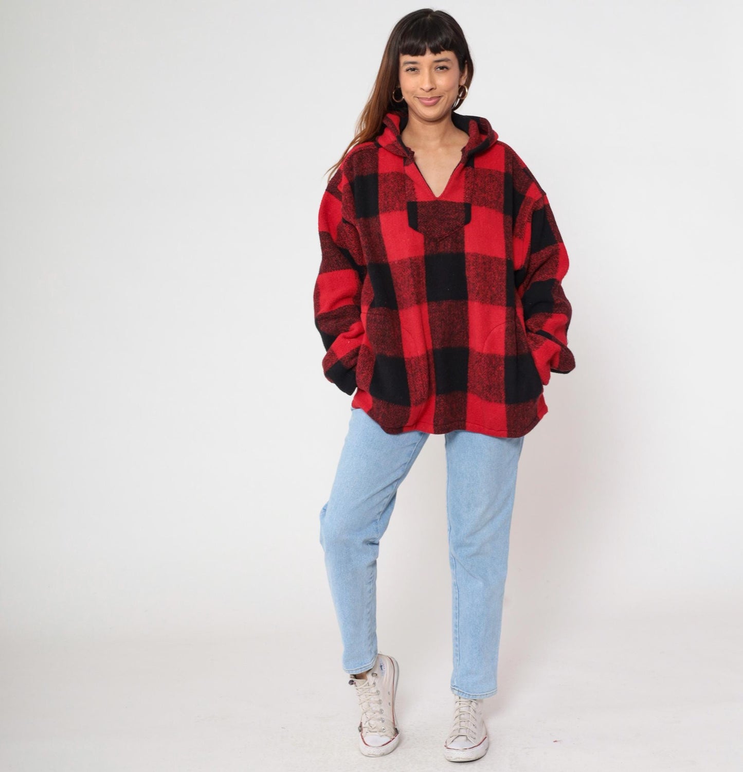 90s Buffalo Plaid Hoodie Red Black Half-Zip Earth Ragz Fleece Large L