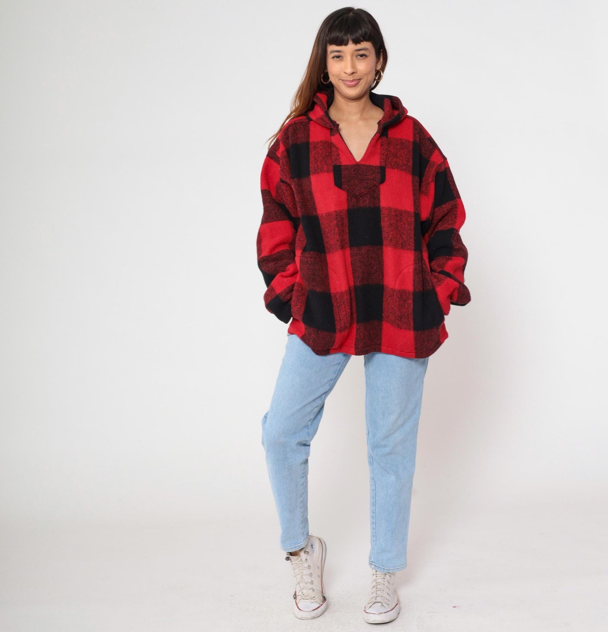90s Buffalo Plaid Hoodie Red Black Half-Zip Earth Ragz Fleece Large L