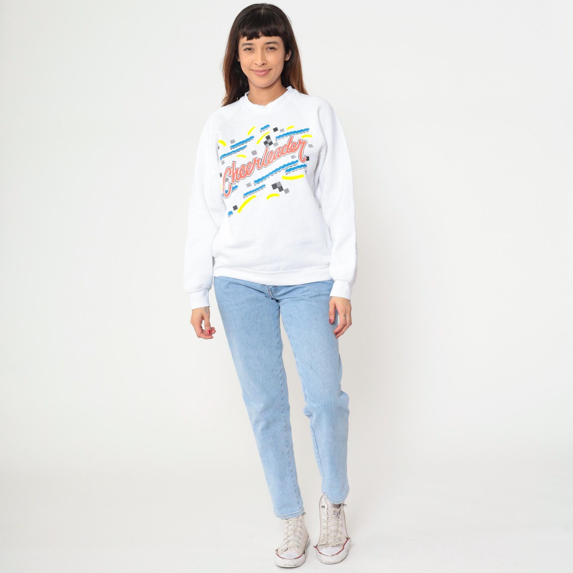 90s Cheerleader Sweatshirt White Graphic Raglan Pullover Large L