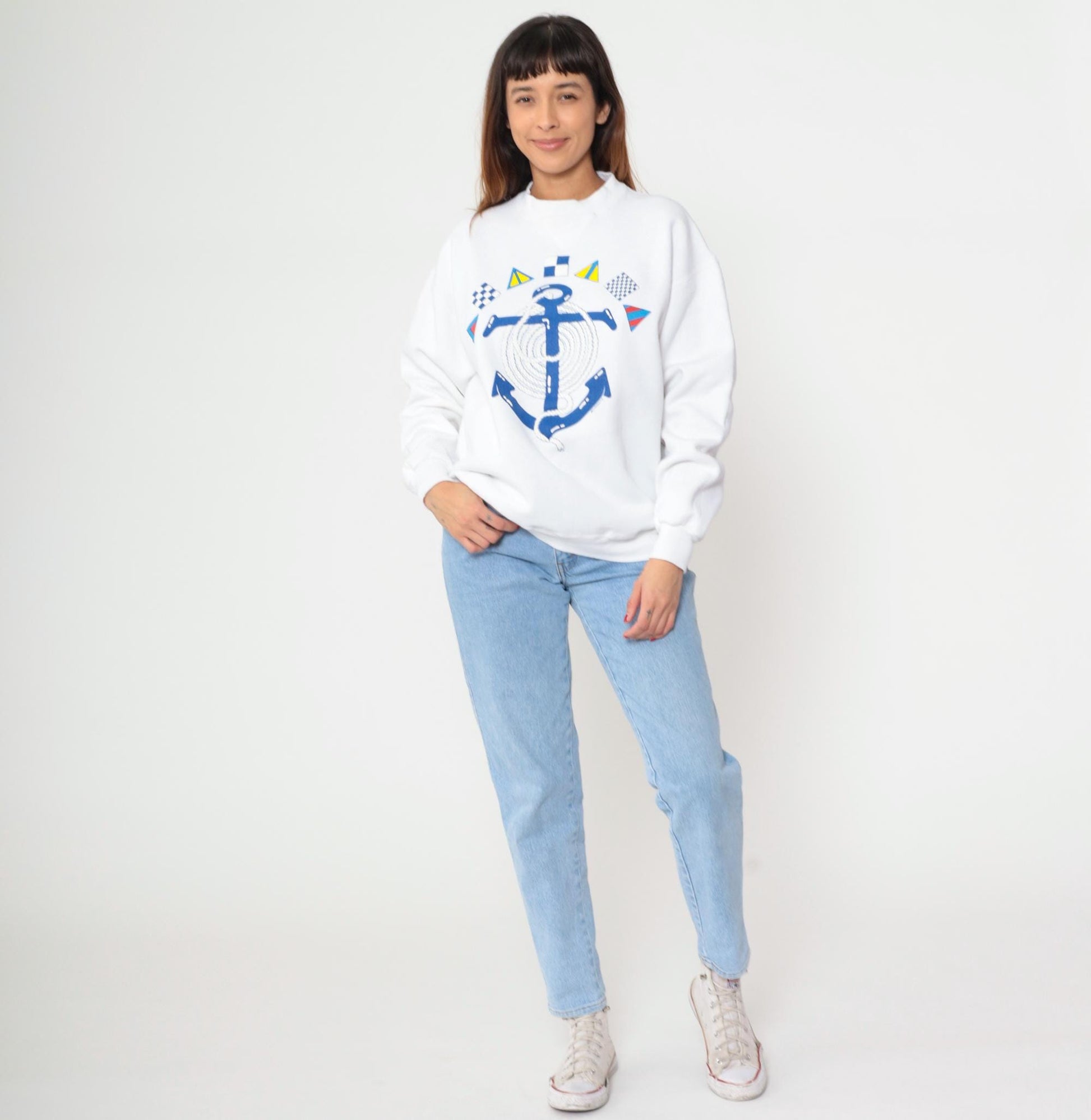 90s Russell Athletic Nautical Anchor Sweatshirt White Embroidered Signal Flags Extra Large XL