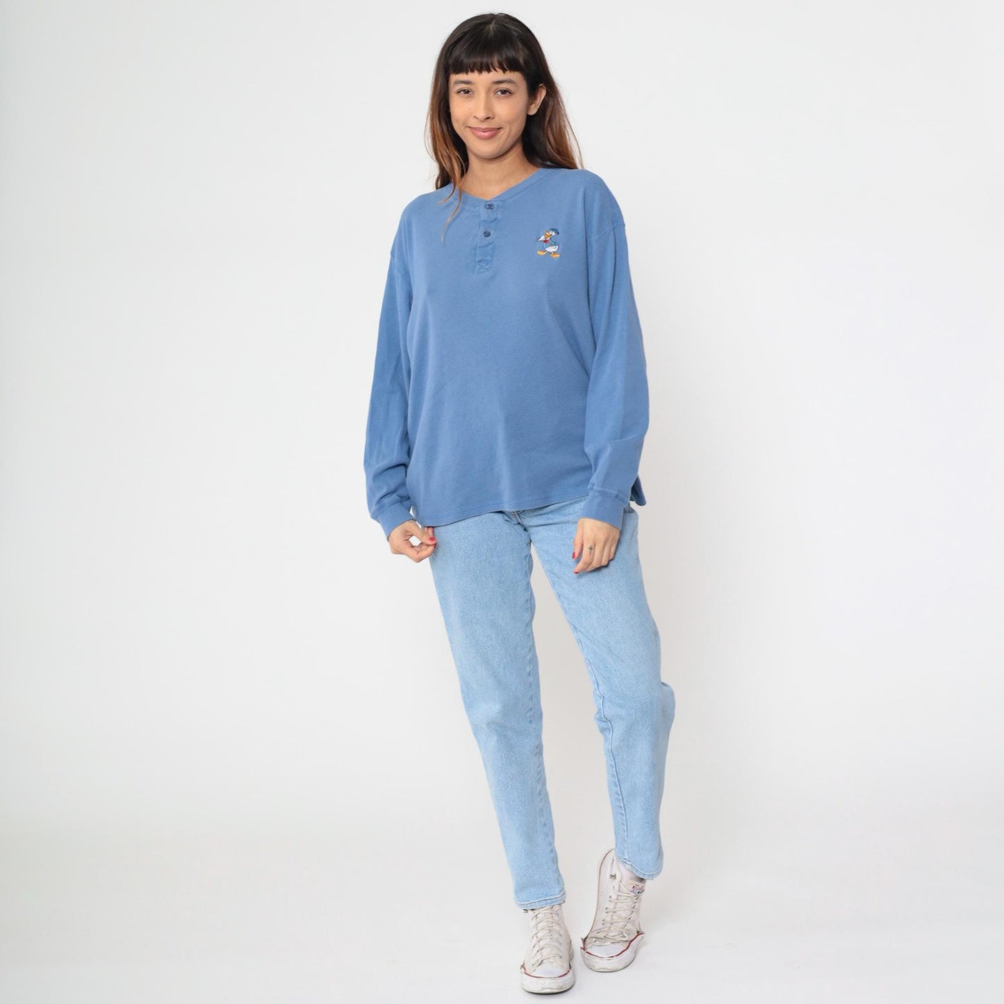 90s Donald Duck Henley Shirt Periwinkle Blue Embroidered Cotton Medium