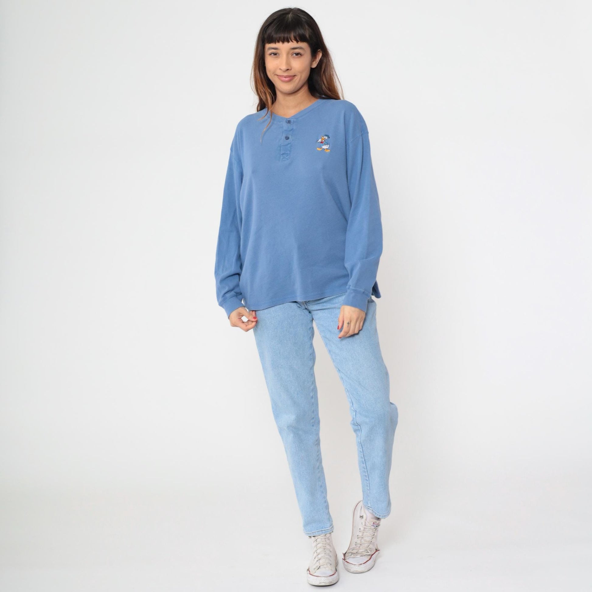 90s Donald Duck Henley Shirt Periwinkle Blue Embroidered Cotton Medium