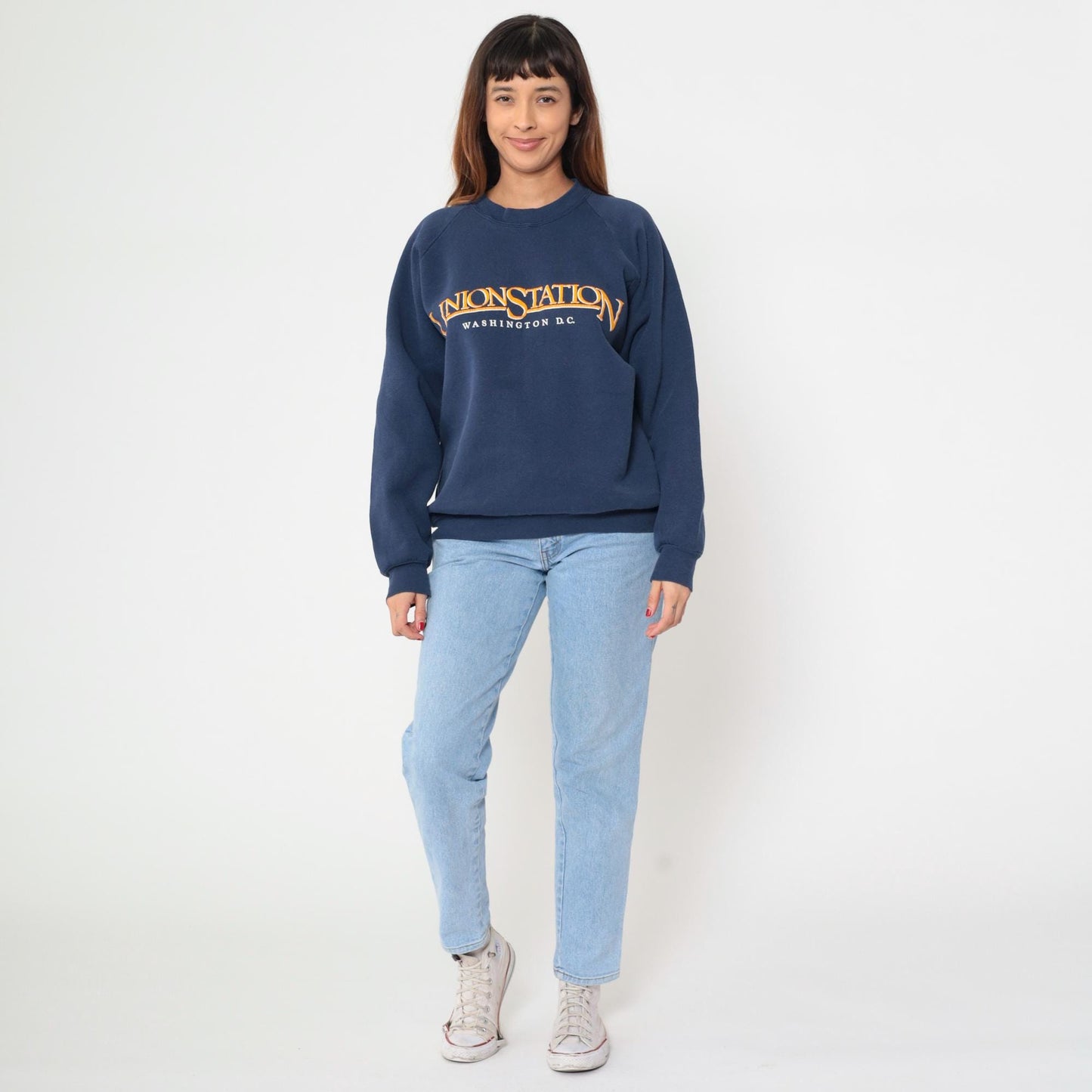 90s Union Station Washington DC Navy Sweatshirt Embroidered Raglan Extra Large XL