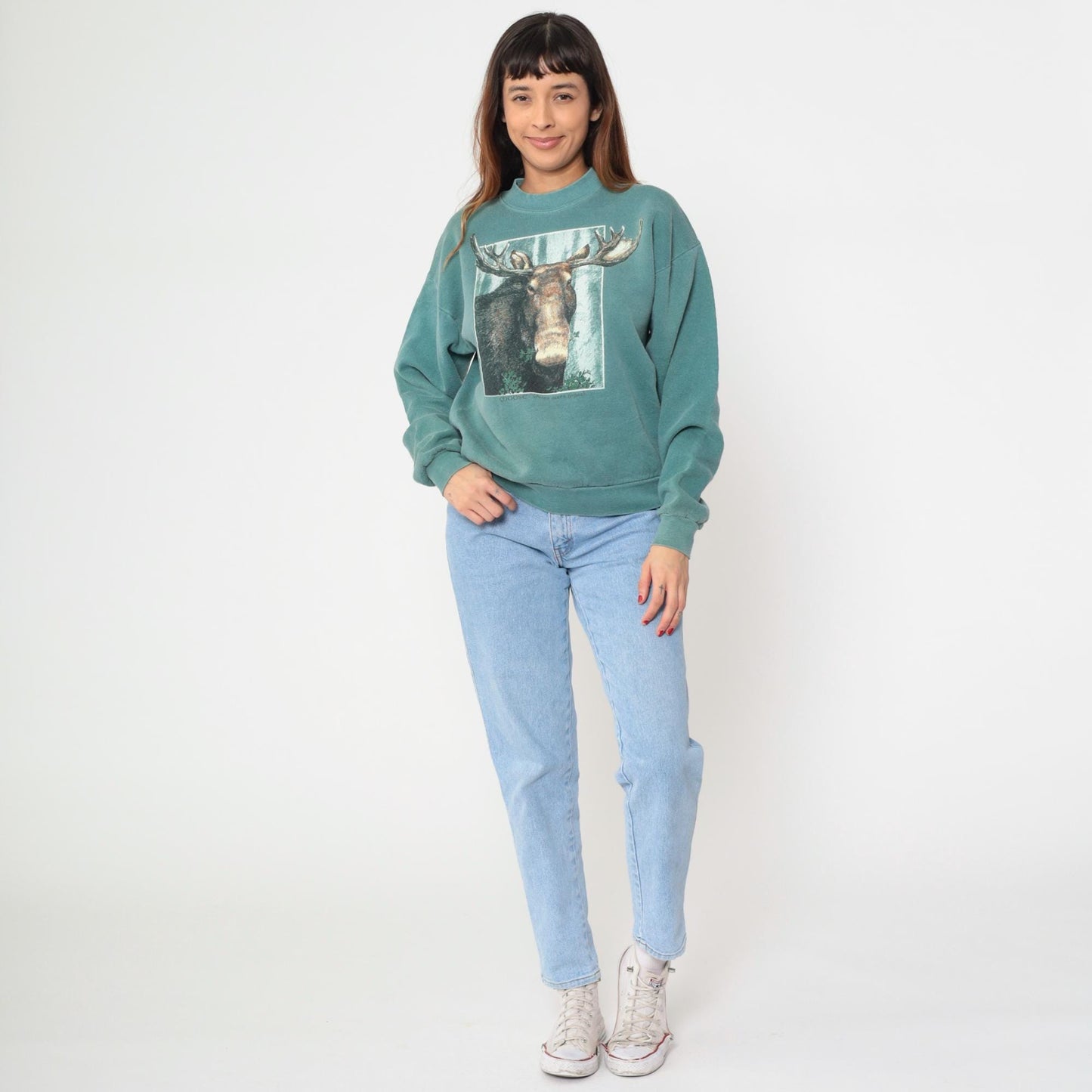 90s Moose Graphic Sweatshirt Sage Green Crewneck Pullover Large L