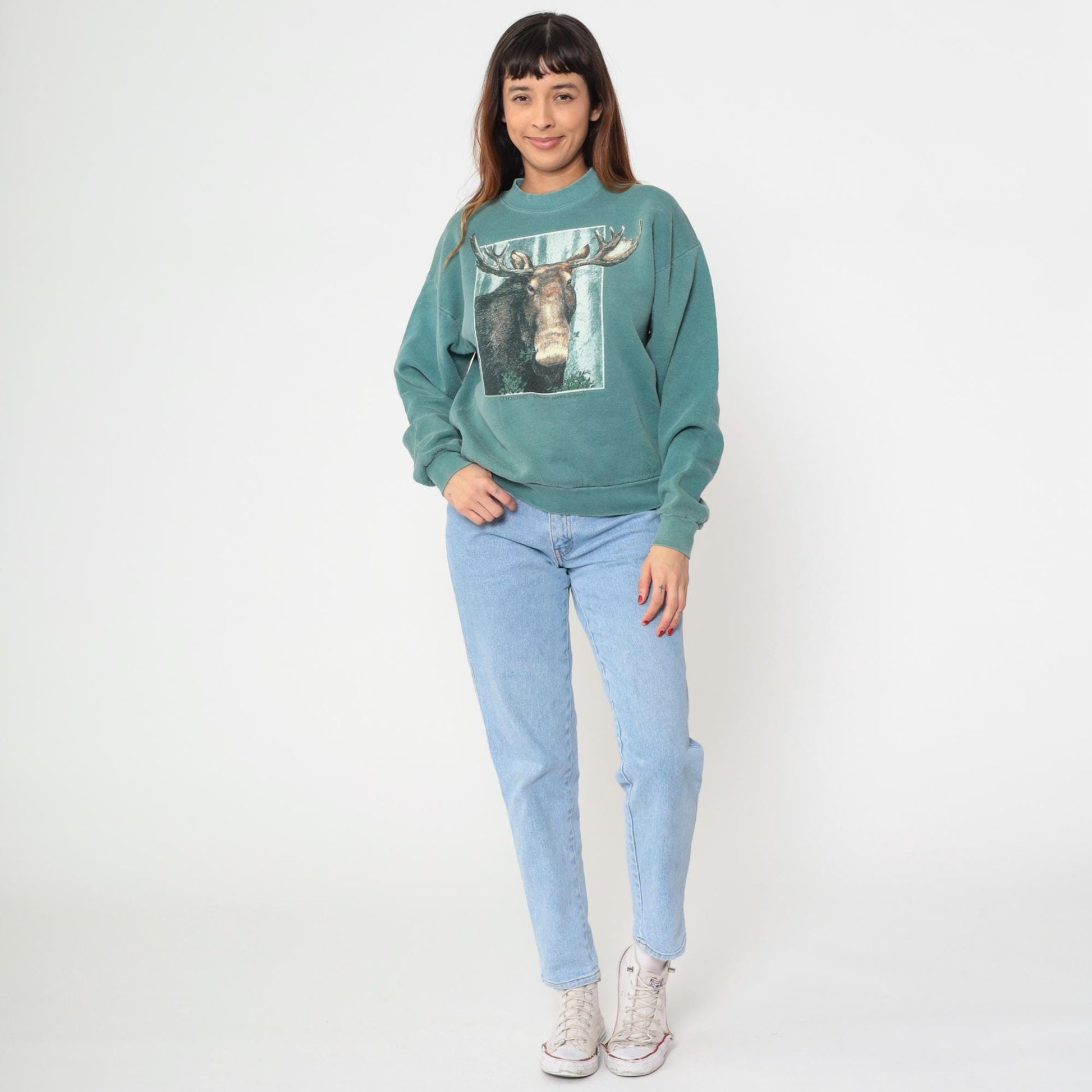 90s Moose Graphic Sweatshirt Sage Green Crewneck Pullover Large L