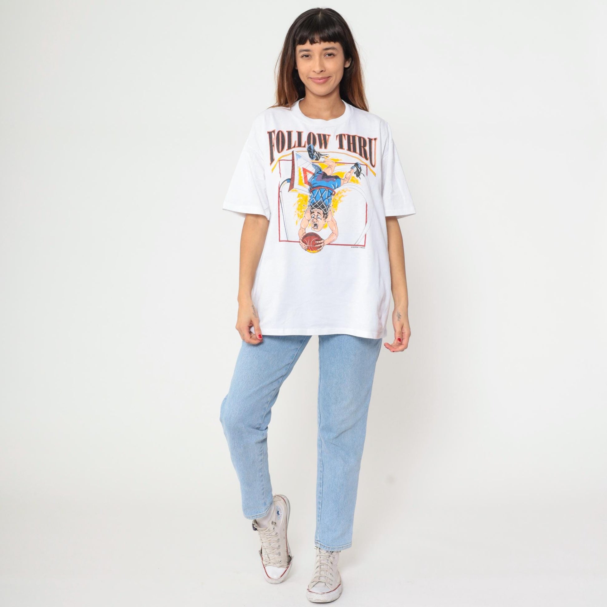 90s Jerzees Follow Thru Basketball Graphic Tee White Cartoon Dunk Extra Large XL