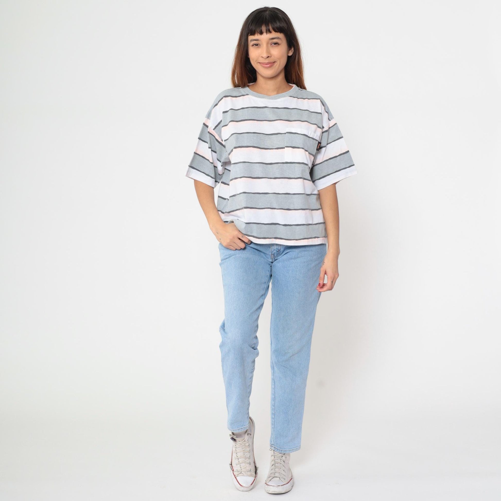 90s Striped T-Shirt Grey White Pink Charcoal Horizontal Crew Neck Medium