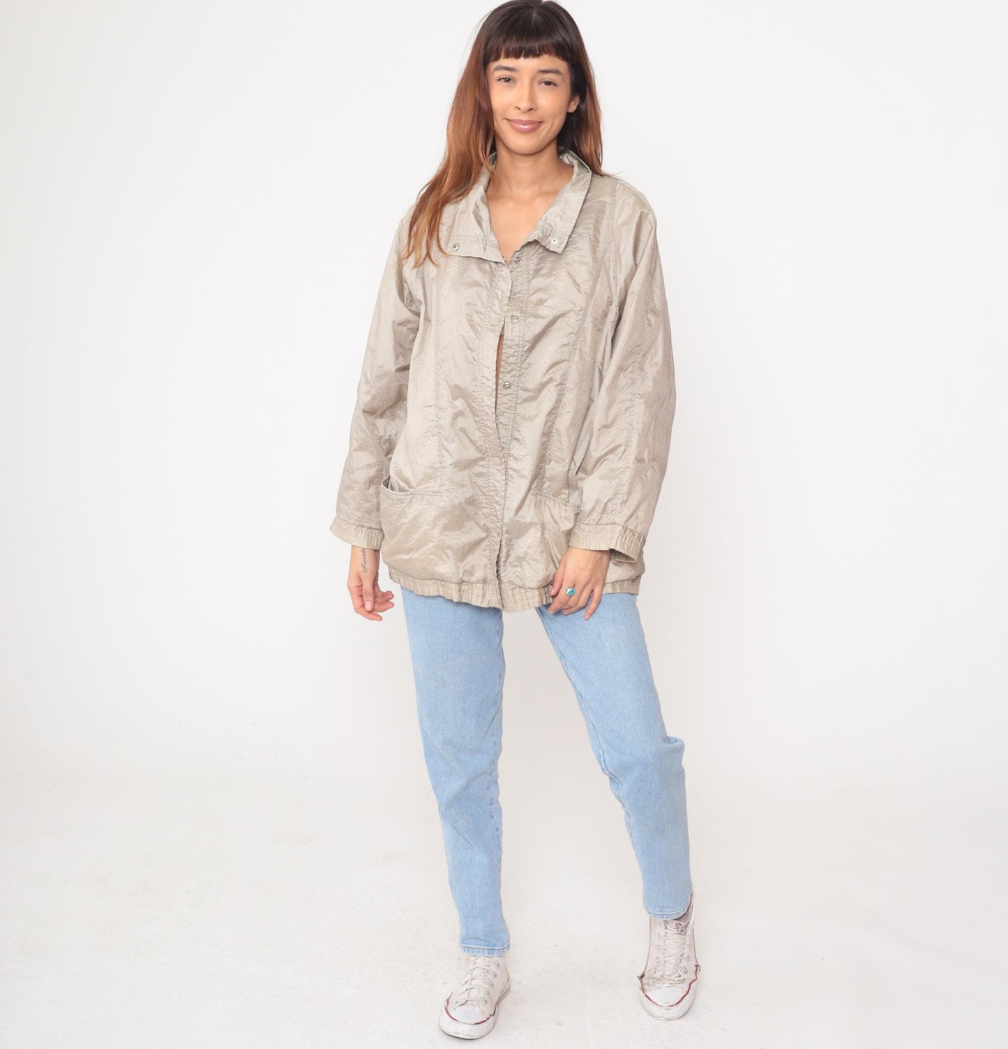 90s Haband Beige Nylon Windbreaker Jacket Snap Button Collar Large