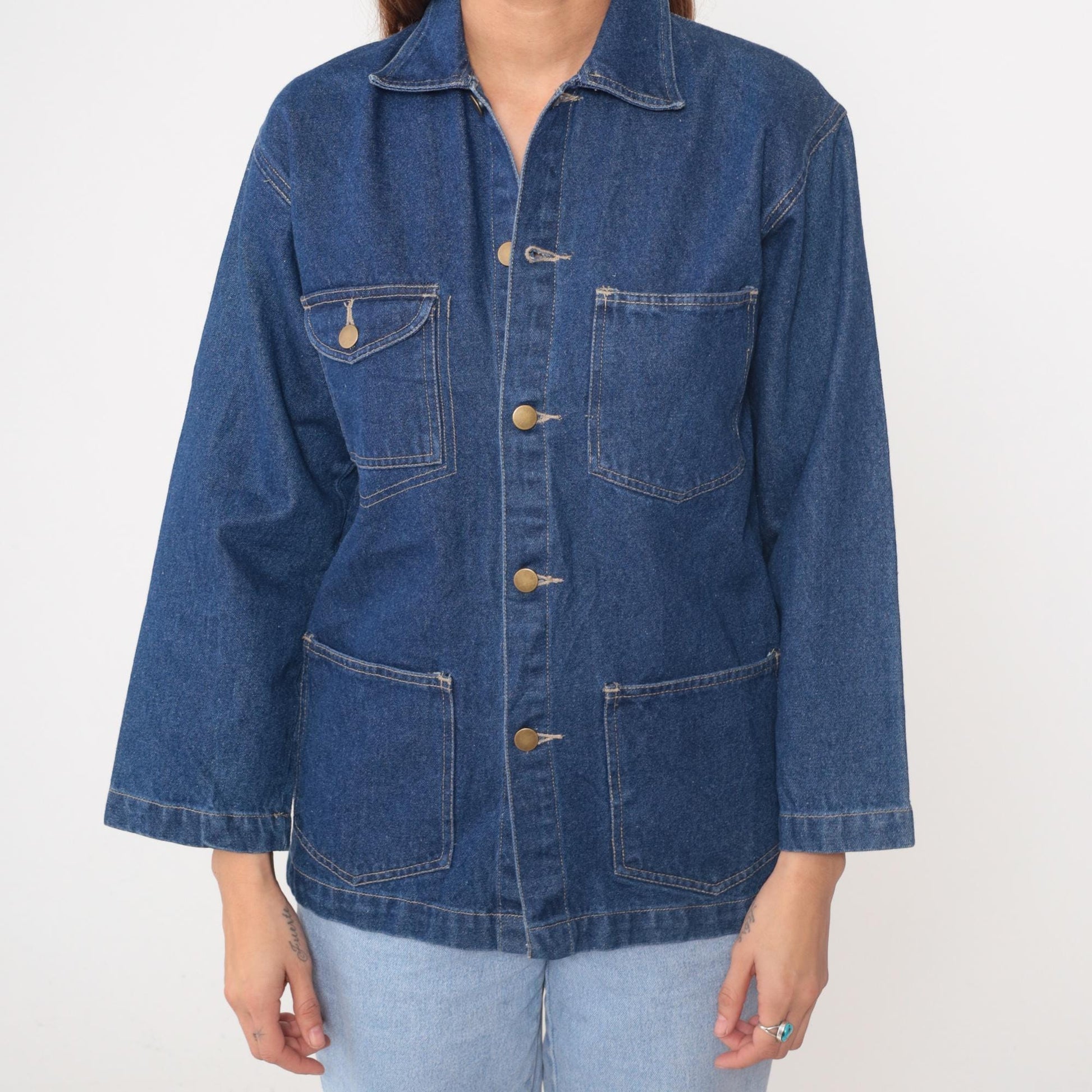80s High Sierra Denim Chore Coat Blue Cotton Point Collar Small