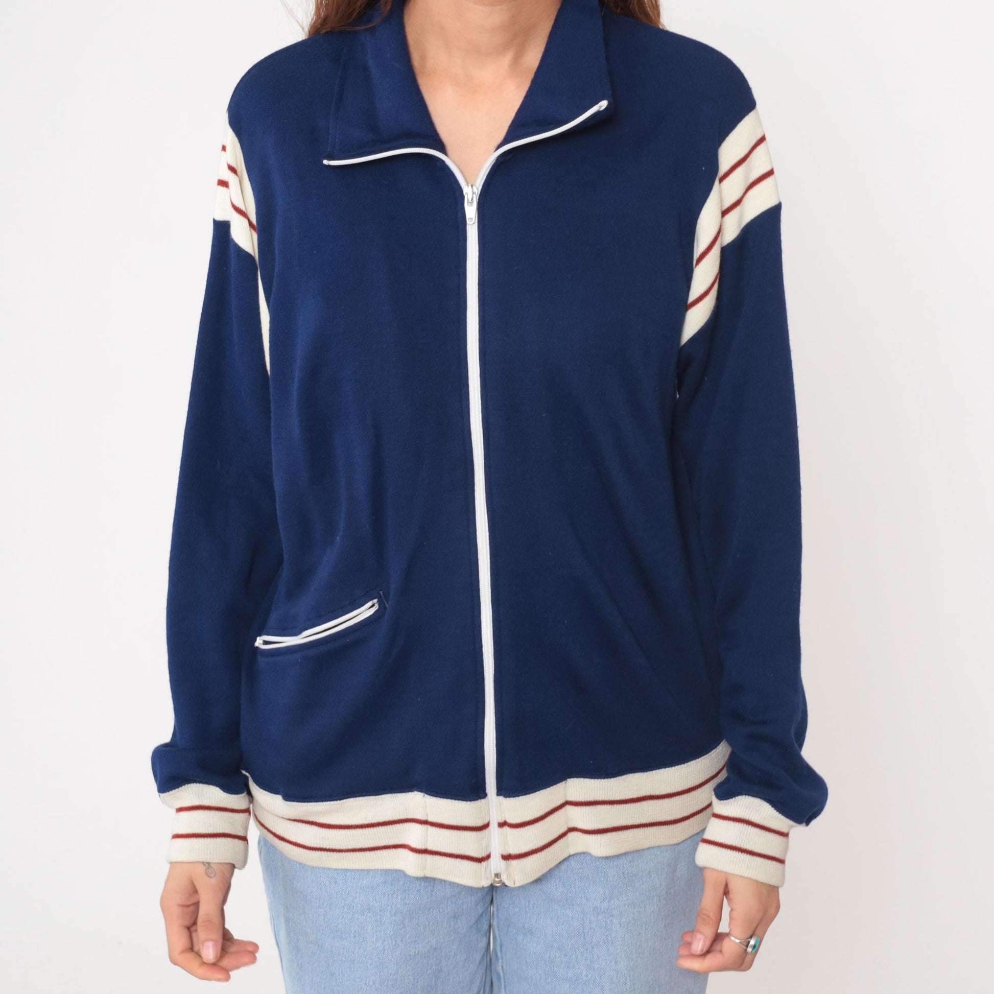 80s Winning Ways Track Jacket Navy Blue Striped Zip Windbreaker Medium