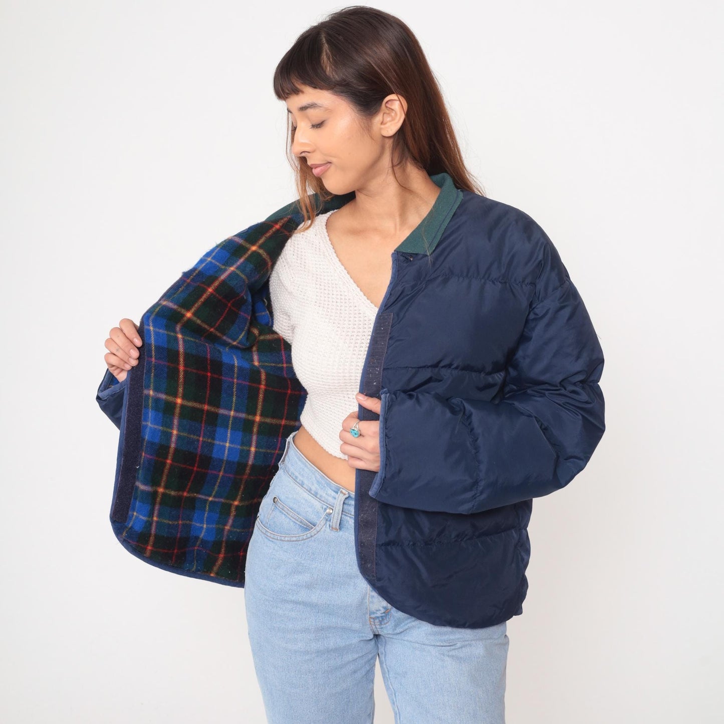 90s GM Down Puffer Jacket Navy Blue Teal Collar Quilted Medium M