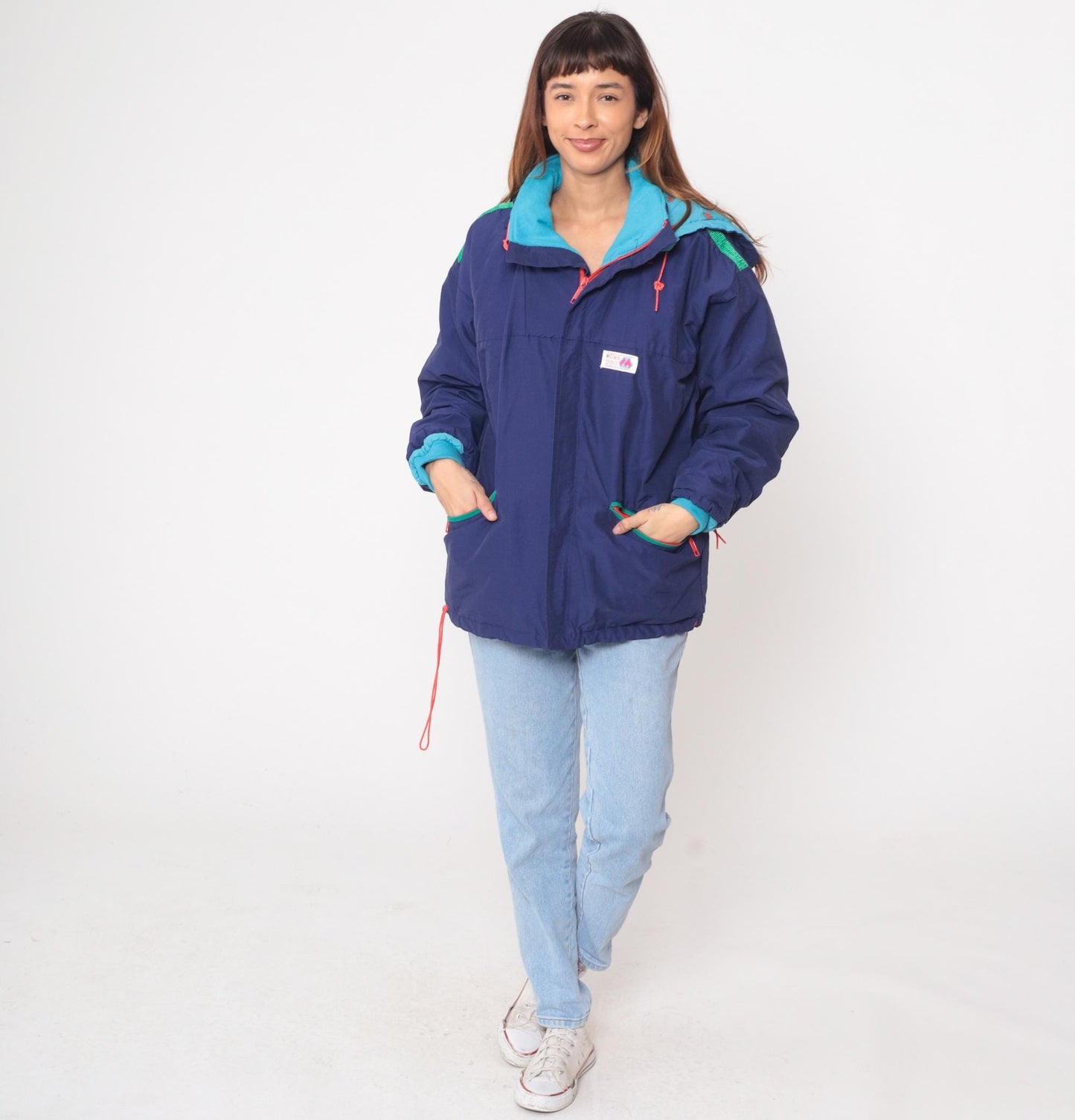 80s Marwin Sports Colorblock Windbreaker Hooded Jacket Blue Small