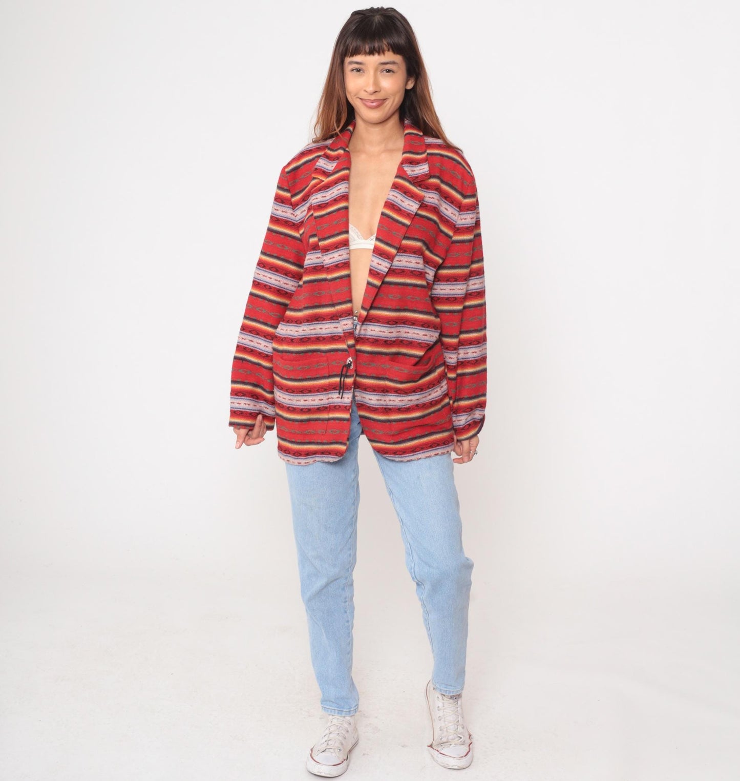 90s Leger Southwestern Blazer Red Striped Geometric Jacket Large L