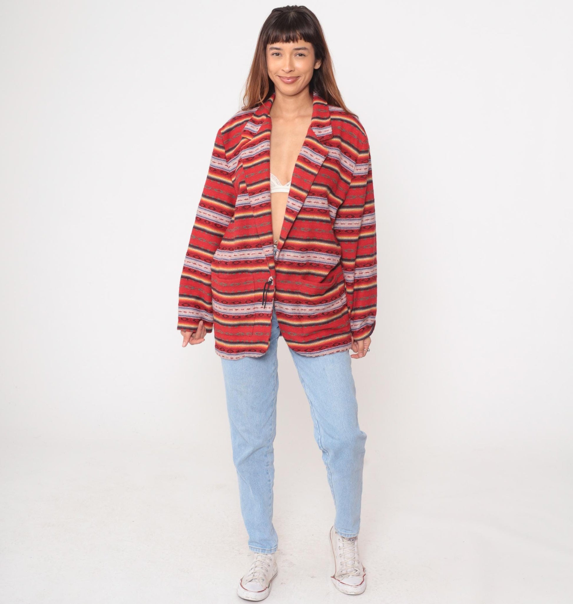 90s Leger Southwestern Blazer Red Striped Geometric Jacket Large L