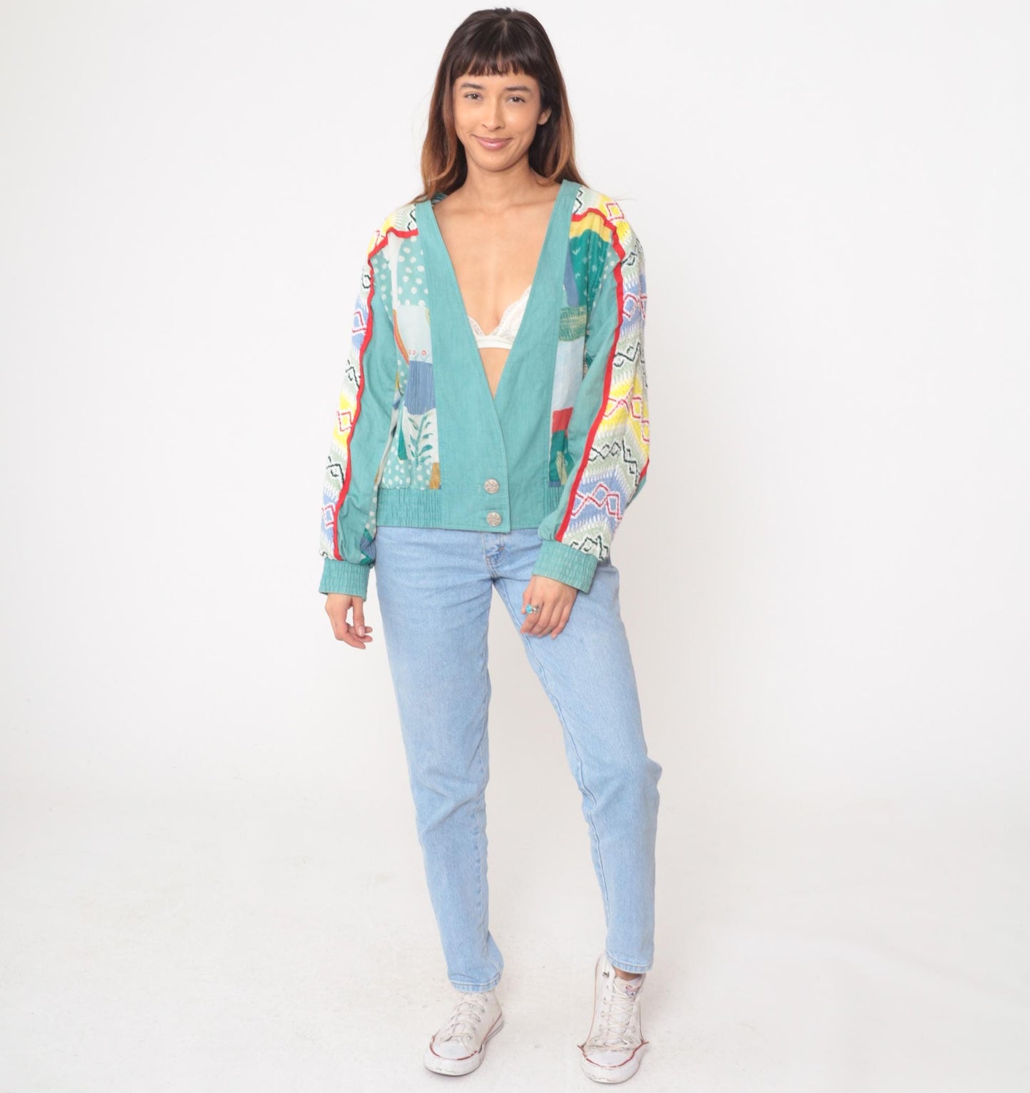 Y2K Howard Wolf Patchwork Cardigan Geometric Print Turquoise Medium M