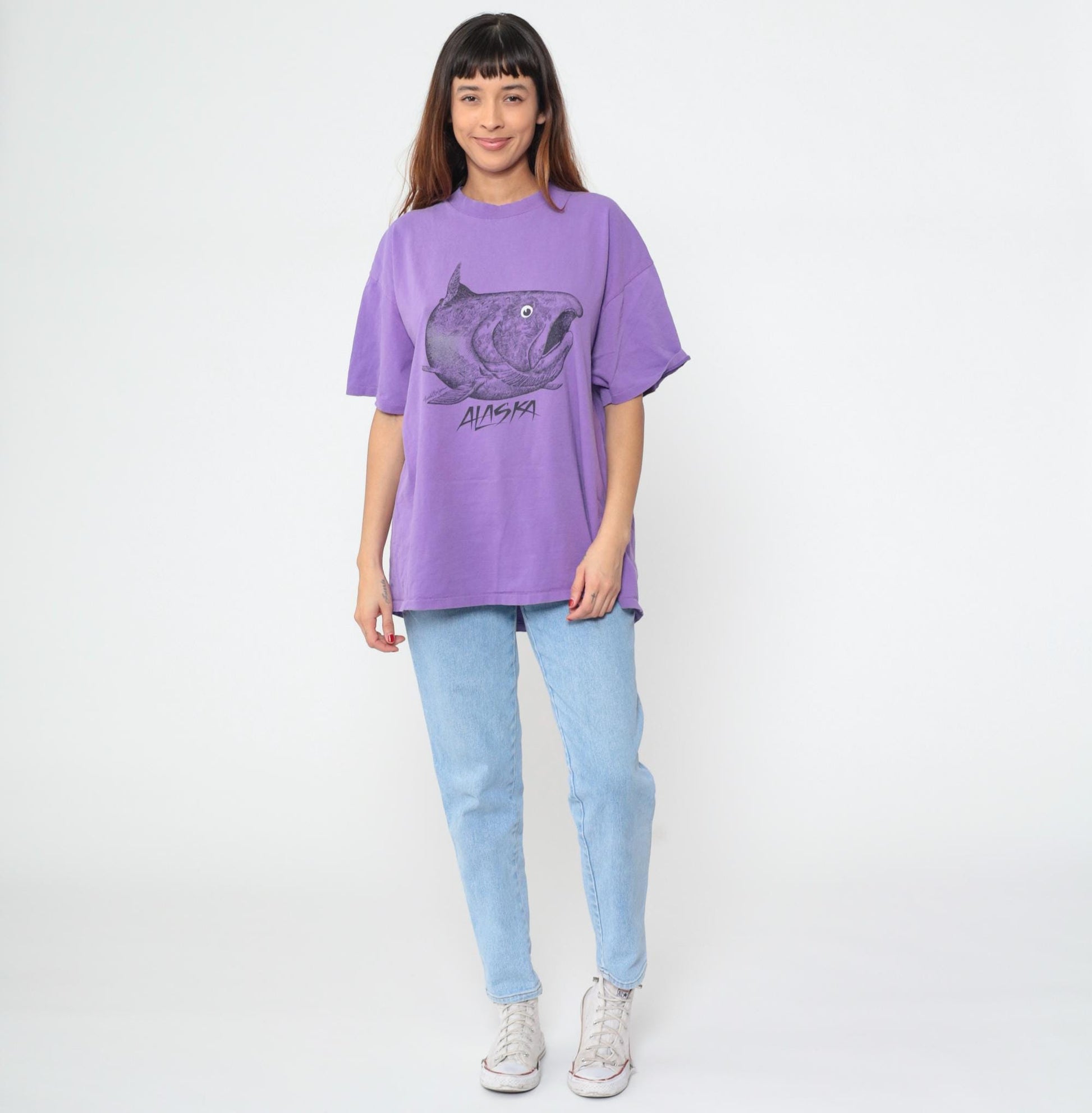 90s Oneita Purple Alaska Fish Graphic Tee Cotton Plus Size XXL