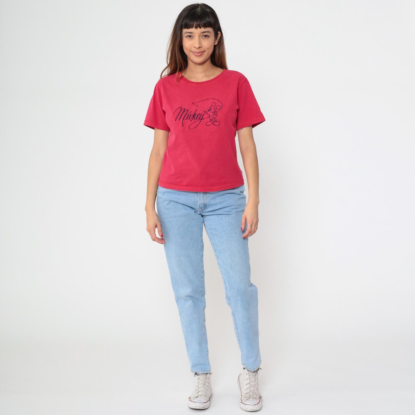 90s Mickey Mouse Fishing Graphic T-Shirt Red Cotton Crew Neck Medium M