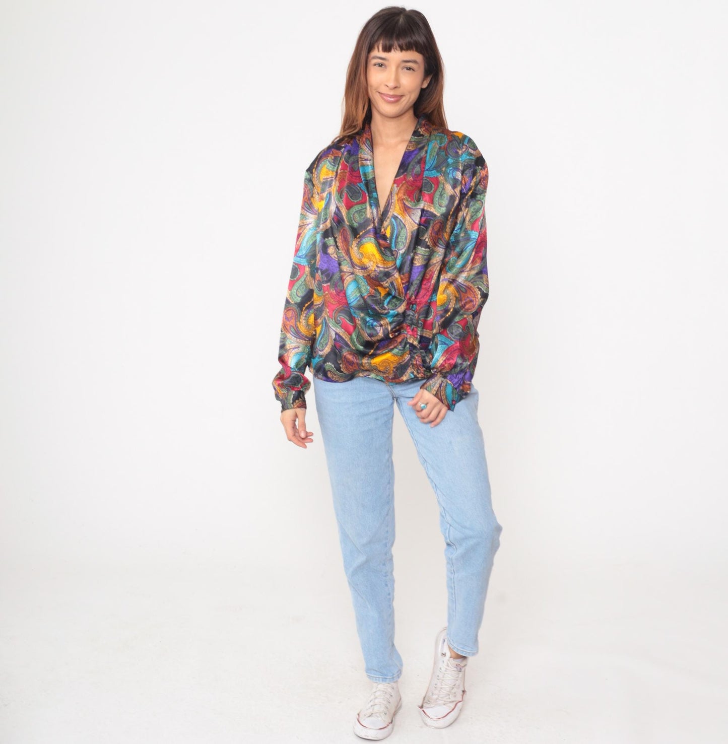 90s Nicola Paisley Wrap Blouse Multicolor Long Sleeve Large L