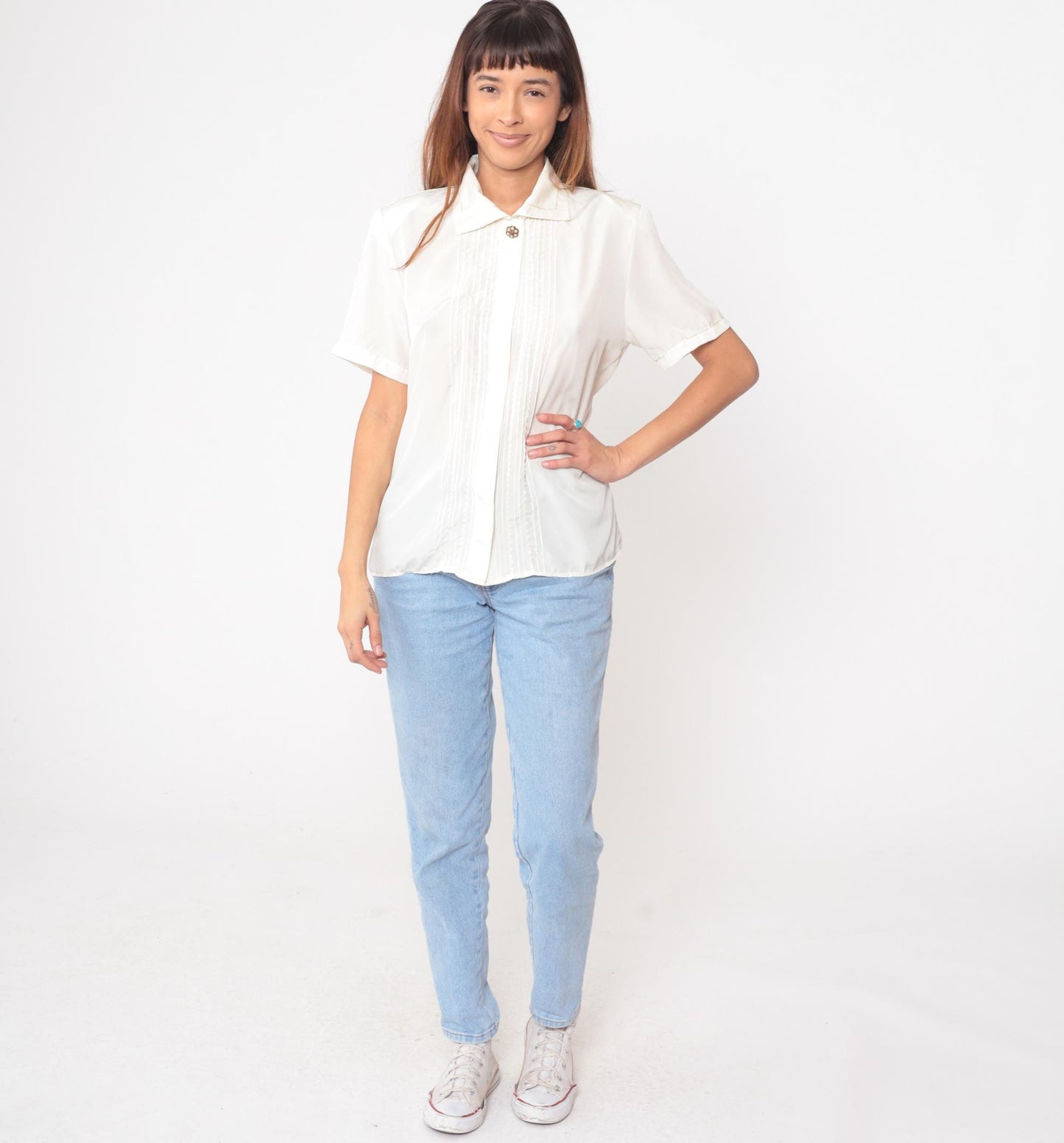 90s Casual Corner Cream Blouse Pointed Collar Pintuck Pleated Short Sleeve Medium