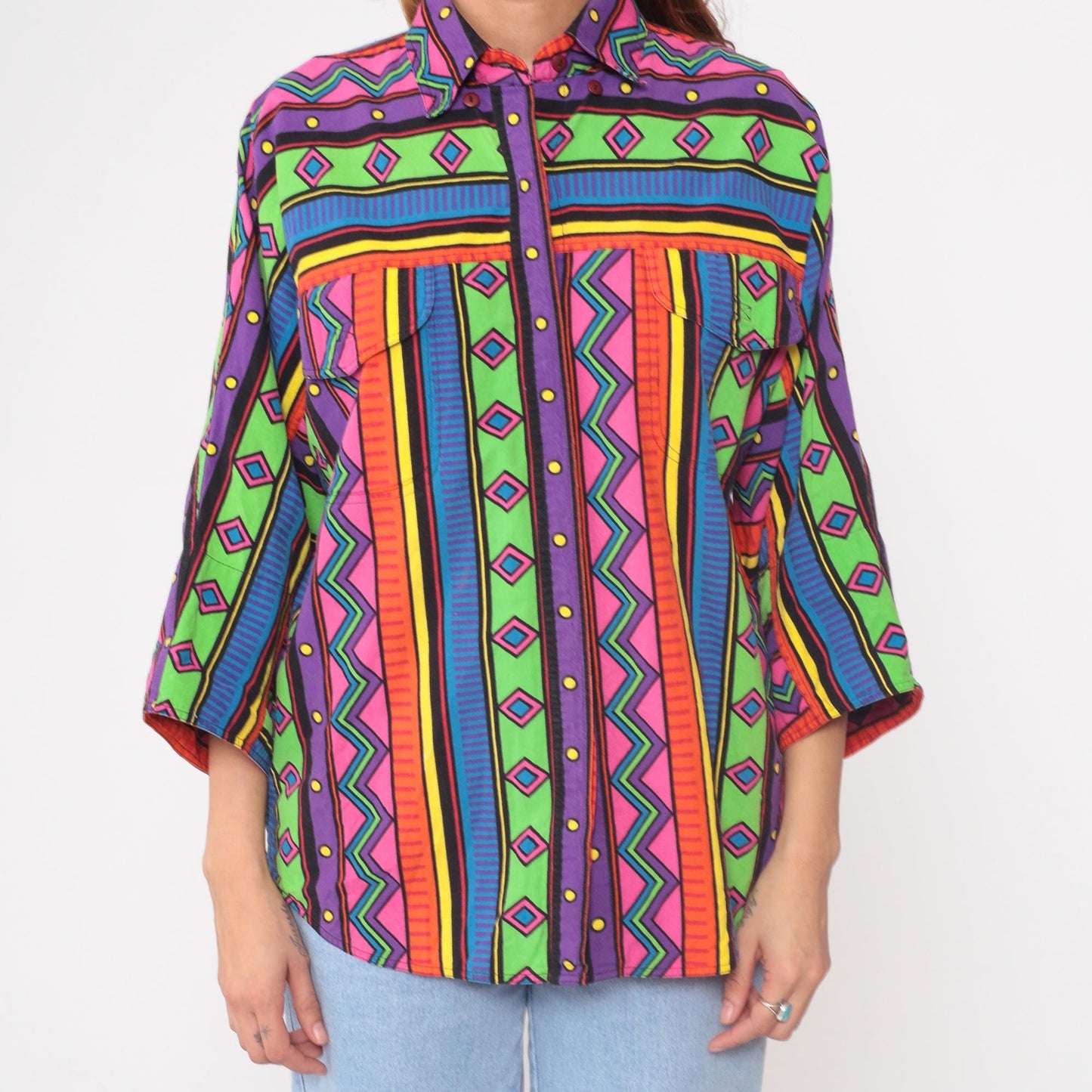 90s Westbound Geometric Button-Front Shirt Multicolor Neon Small S