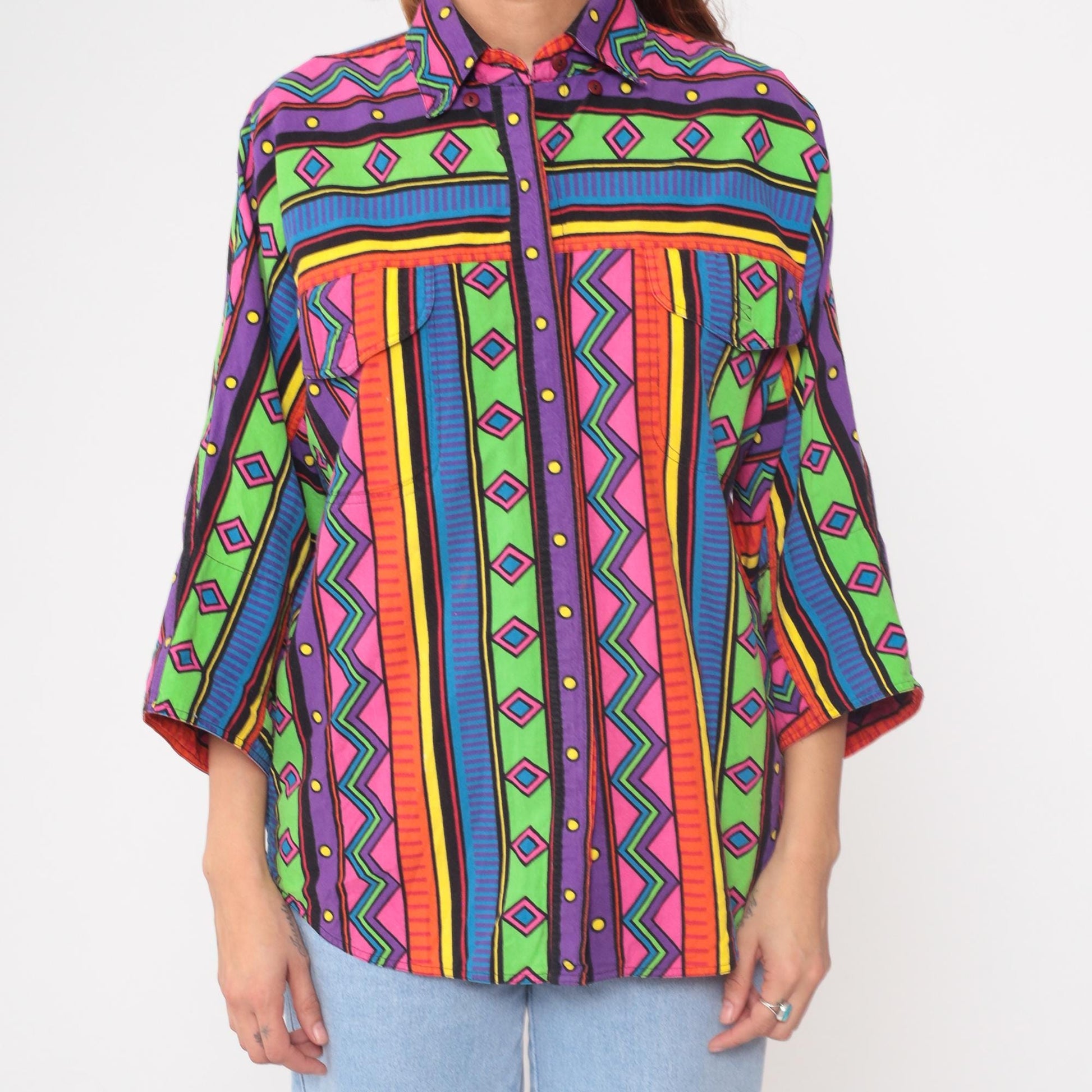 90s Westbound Geometric Button-Front Shirt Multicolor Neon Small S