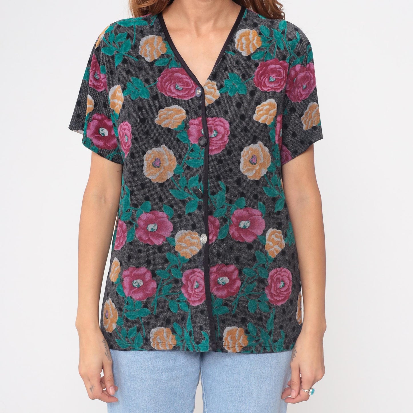 90s Floral Button-Up Blouse Velour Grey Pink Orange Roses Medium