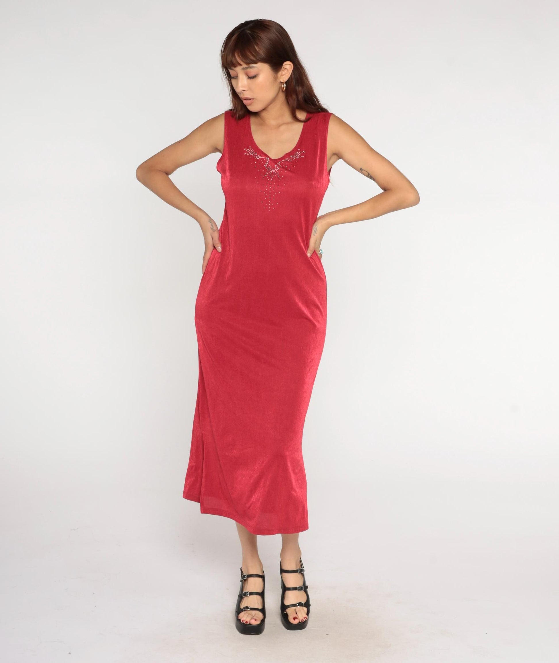 90s Red Rhinestone V-Neck Midi Dress Sleeveless Bodycon Medium M