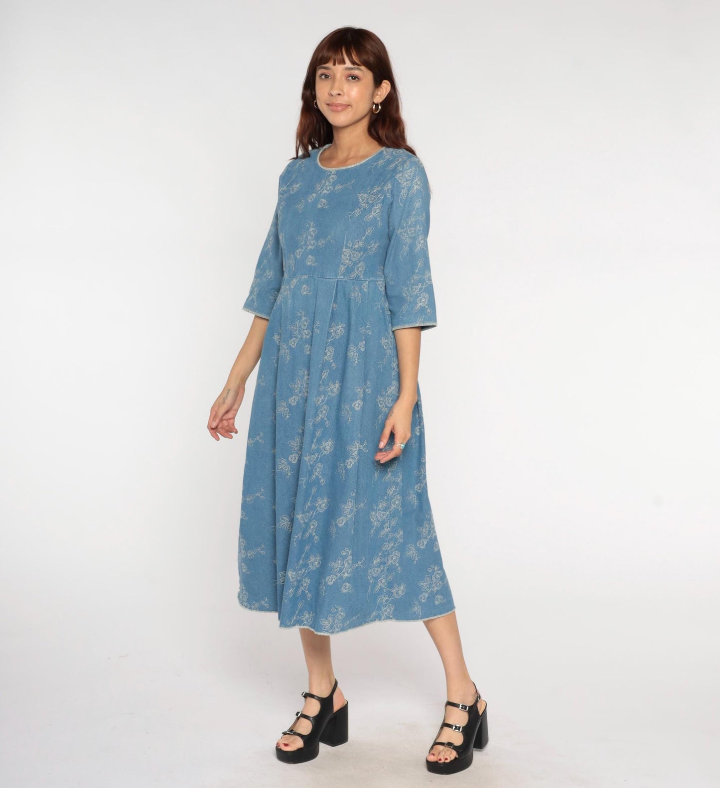 Y2K Blue Embroidered Denim Dress Floral Empire Waist A-Line Medium M
