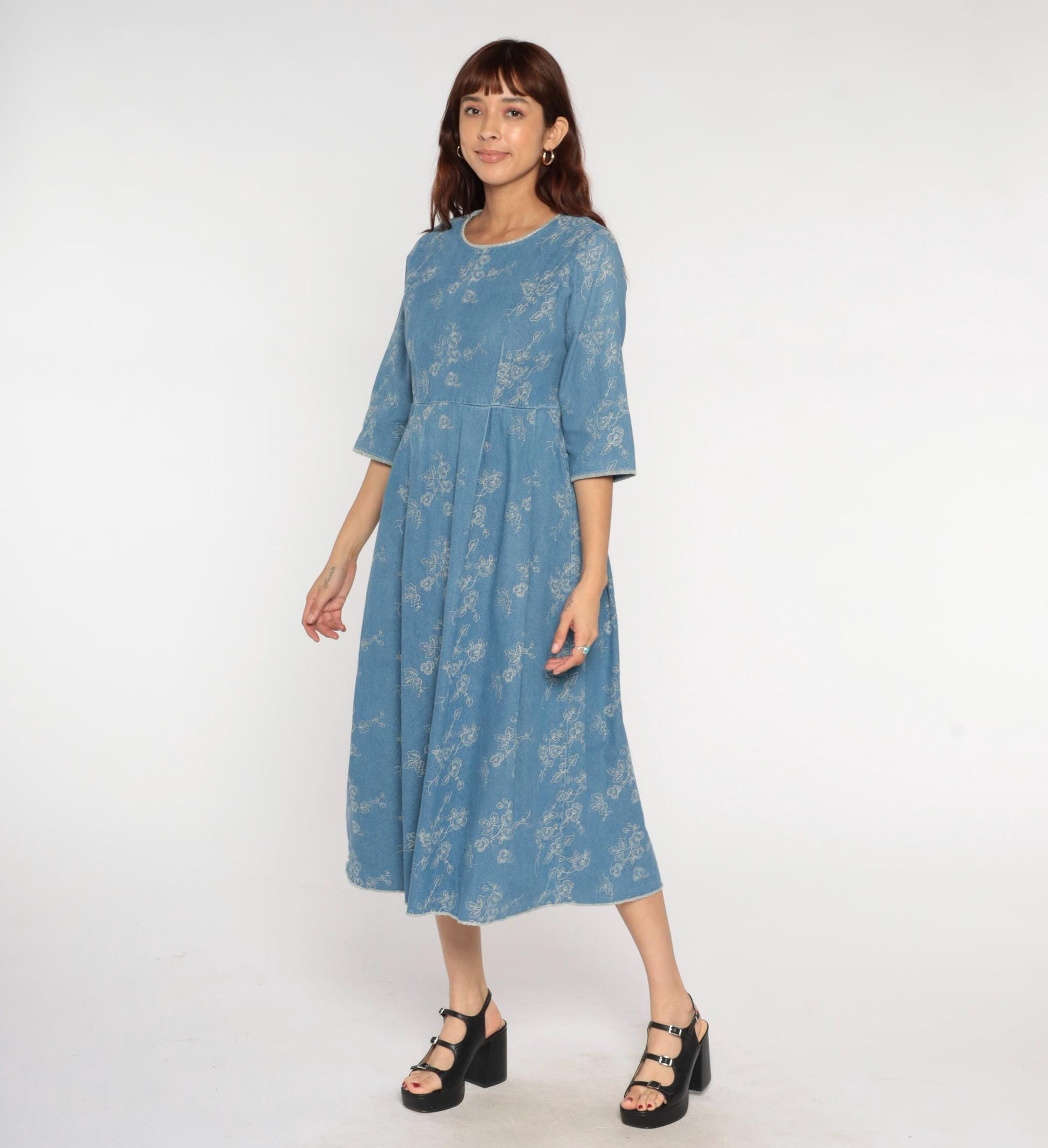 Y2K Blue Embroidered Denim Dress Floral Empire Waist A-Line Medium M
