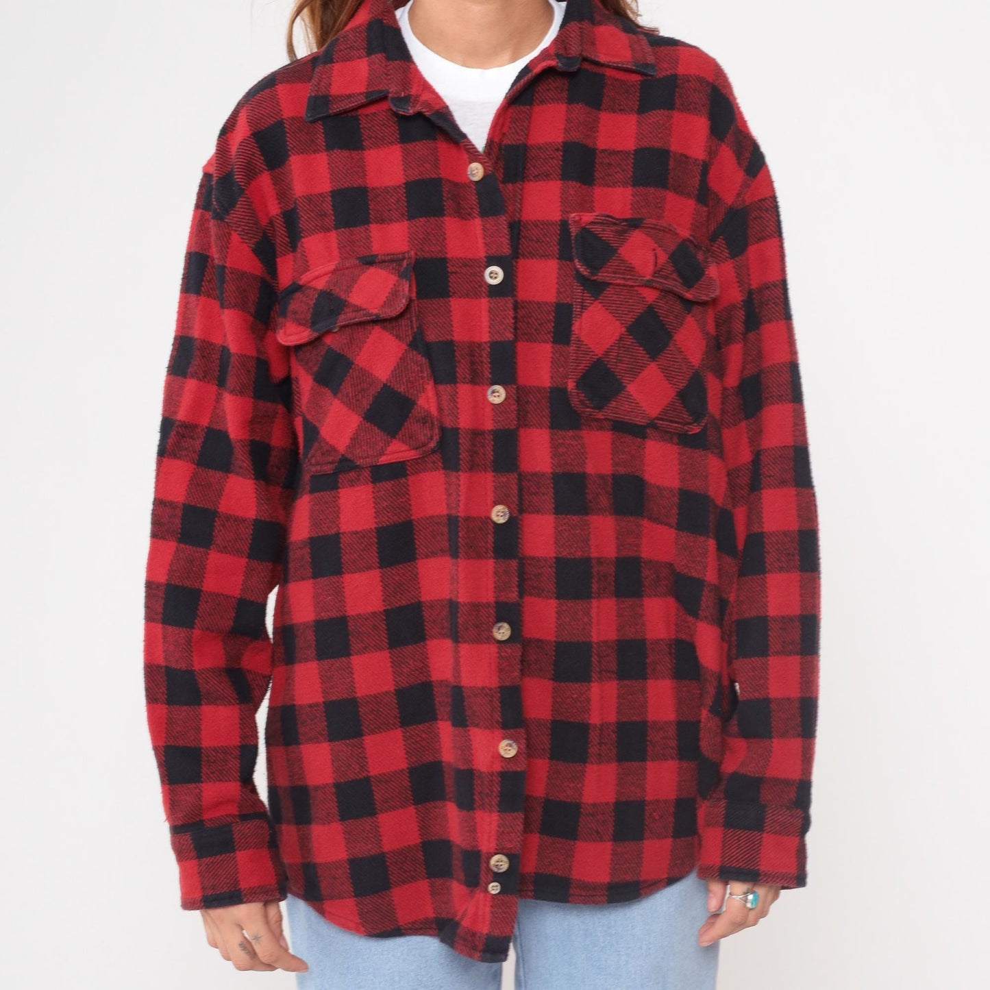 Y2K Marino Bay Red Buffalo Plaid Flannel Shirt Cotton Large L
