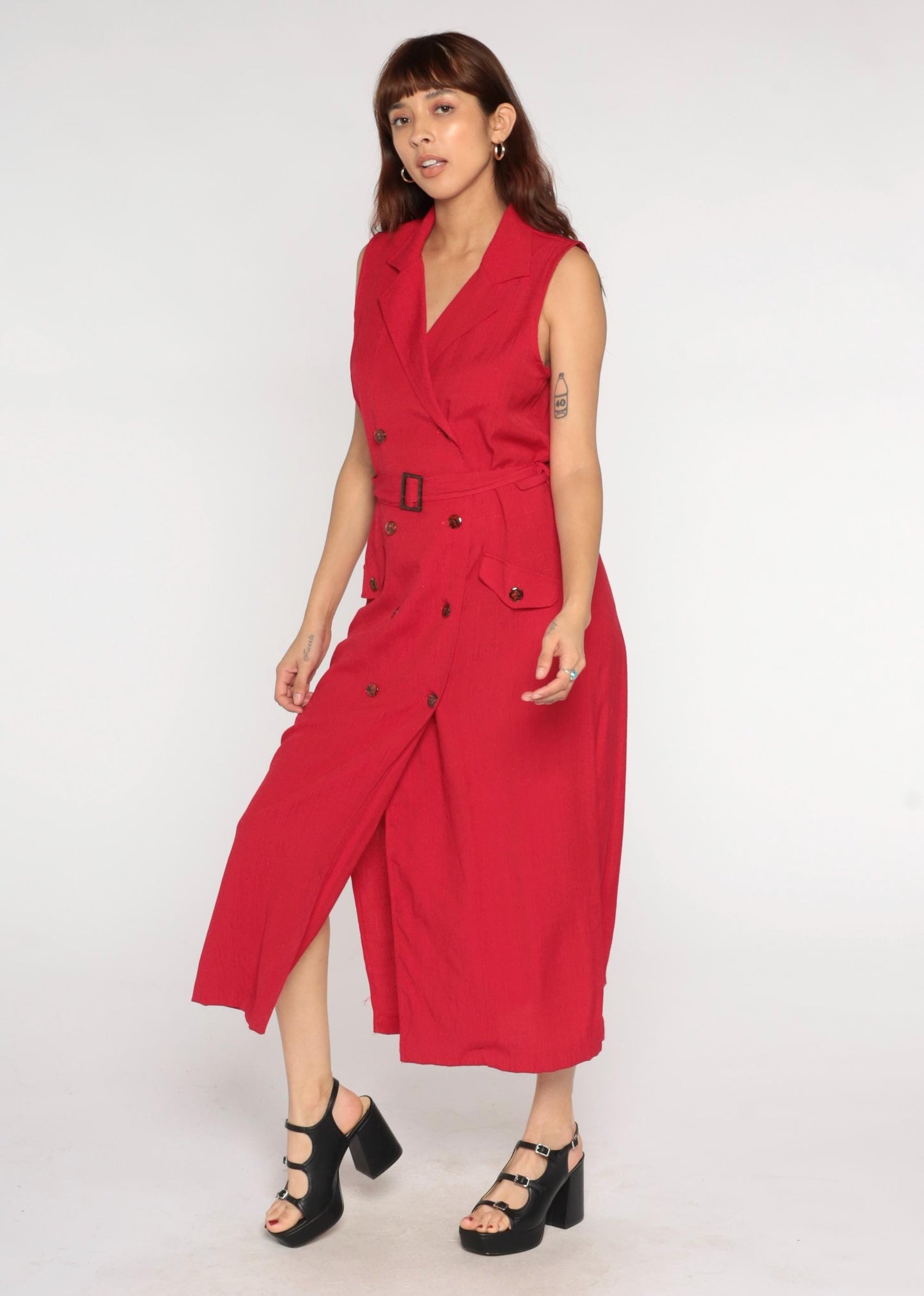 90s Sag Harbor Red Midi Dress Sleeveless Button Front Belted Notched Collar Large